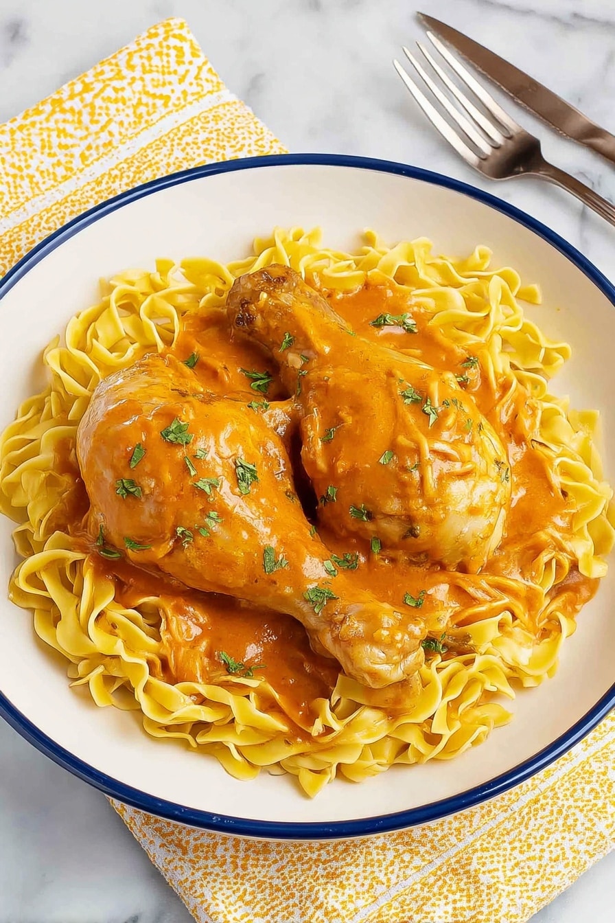 The image shows a white plate with a blue rim filled with yellow egg noodles as the base layer, roughly spread out. On top, there are two pieces of chicken, one thigh and one drumstick, covered in a thick orange sauce. The sauce is smooth and glossy, coating both the chicken and the noodles partially. The chicken pieces are sprinkled with small green herb leaves for garnish. The plate is set on a white marbled surface with a yellow and white patterned napkin and a silver fork beside it. photo taken with an iphone --ar 2:3 --v 7 - Authentic Chicken Paprikash, Hungarian Chicken Paprikash, creamy paprika chicken dish, traditional Hungarian chicken recipe, easy Chicken Paprikash