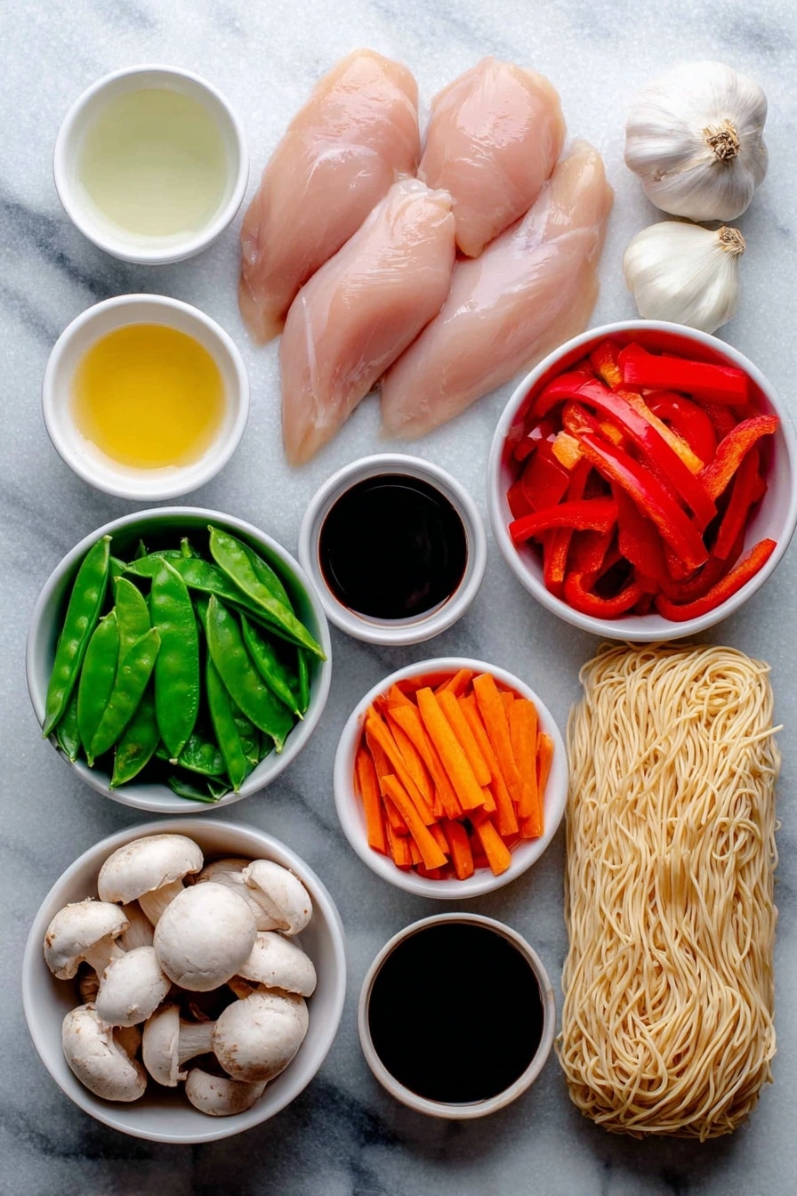 Flat lay of boneless skinless chicken breasts with smooth, pale pink flesh, three whole uncracked brown garlic cloves, a medium white onion cut in half showing its layers, a large red bell pepper sliced into thin vibrant red strips, a cluster of sliced white mushrooms with tan caps, a small white bowl filled with slender, bright orange matchstick carrots, a small white bowl with fresh crisp green snow peas, a small white bowl containing fresh green bok choy leaves, a small white bowl of clear golden chicken stock, a small white bowl of pale yellow lemon juice, a small white bowl of translucent rice wine vinegar, a small white bowl of thick dark reddish-brown Hoisin sauce, a small white bowl holding glossy dark soy sauce, and a neat bundle of pale tan rice stir-fry noodles broken in half -- all ingredients arranged symmetrically with perfect balance, placed on a clean white marble surface, soft natural light, photo taken with an iPhone, professional food photography style, fresh ingredients, white ceramic bowls, no bottles, no duplicates, no utensils, no packaging --ar 2:3 --v 7 --p m7354615311229779997 - Instant Pot Chicken Lo Mein, easy chicken lo mein, quick Chinese stir-fry, healthy instant pot noodles, one-pot lo mein