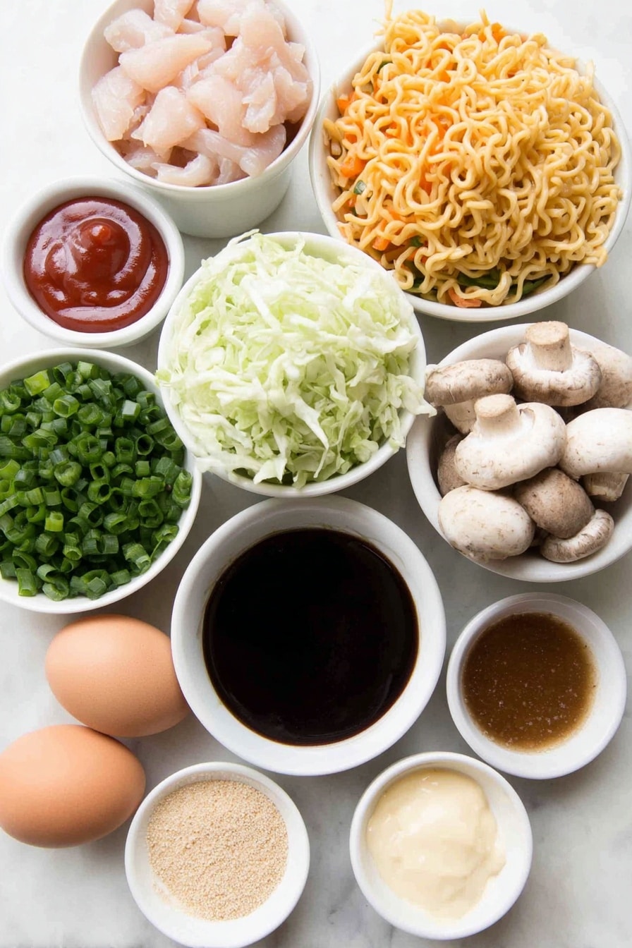 Flat lay of fresh sliced raw chicken breast strips, bright red bell pepper cut into thin long strips, whole fresh button mushrooms sliced in half, shredded green cabbage pile, slender matchstick carrots, white and light green portions of chopped green onions in a small neat mound, vibrant green portions of green onion cut into 2-inch strips, a small white ceramic bowl of glossy dark soy sauce, a small white ceramic bowl of thick reddish ketchup, a small white ceramic bowl of dark Worcestershire sauce, a small white ceramic bowl with sticky light brown packed sugar, a small white ceramic bowl of shiny oyster sauce, a small white ceramic bowl holding amber sesame oil, a small white ceramic bowl with pale creamy garlic stir-in paste, a small white ceramic bowl with soft yellow ginger stir-in paste, a small portion of fresh uncooked yellow yakisoba noodles arranged neatly without packaging, a small white ceramic bowl with golden vegetable oil, a small white ceramic bowl with chopped raw peanuts, whole uncracked brown eggs arranged symmetrically -- all ingredients fresh and natural, no packaging, placed on a clean white marble surface, soft natural light, photo taken with an iPhone, professional food photography style, fresh ingredients, white ceramic bowls, no bottles, no duplicates, no utensils, no packaging --ar 2:3 --v 7 --p m7354615311229779997 - Chicken Yakisoba Stir-Fry, Chinese stir-fry recipes, quick Asian noodle dishes, homemade yakisoba, veggie stir-fry recipes