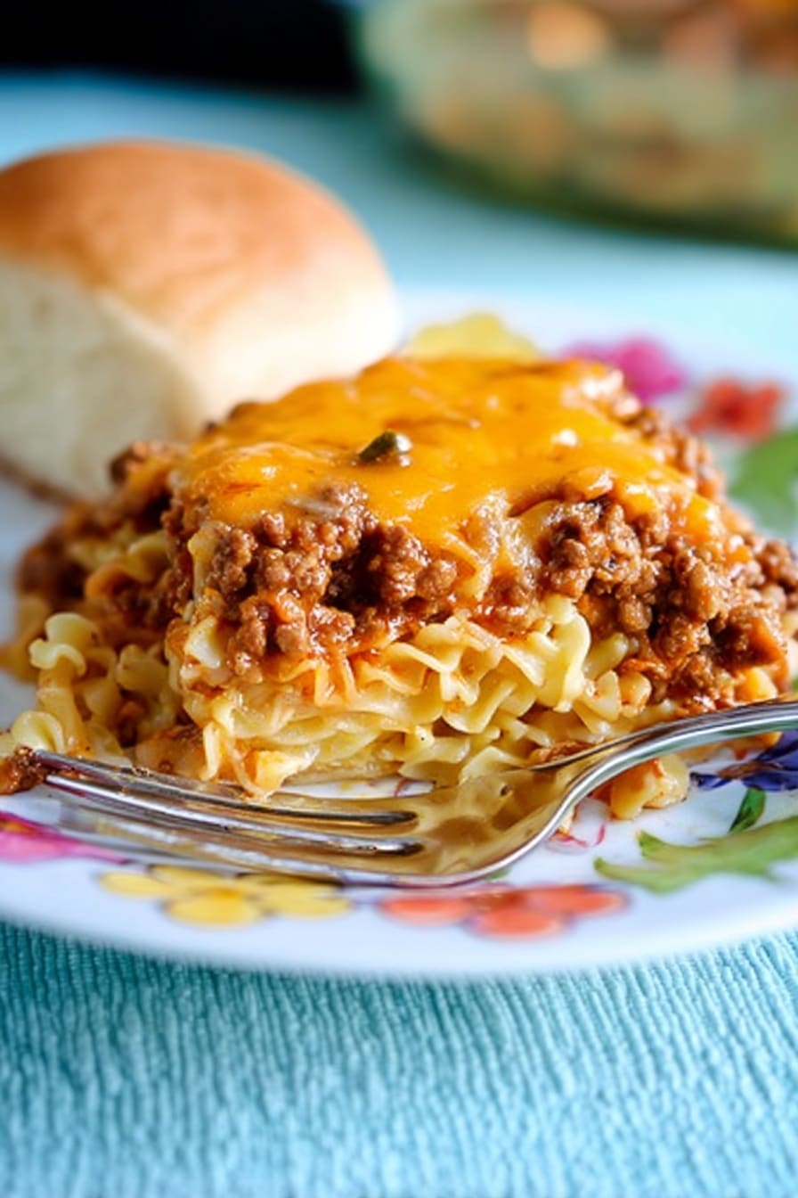 A close-up of a slice of baked pasta on a white plate with colorful flower patterns, showing three layers: the bottom layer of pale yellow cooked noodles, the middle layer of brown ground meat mixed with small pieces of vegetables, and the top layer of melted orange cheese covering the meat. A silver fork is inserted into the slice from the left side, and a light brown bread roll is placed in the background. The plate sits on a light blue textured surface, and the background is softly blurred. photo taken with an iphone --ar 2:3 --v 7 - Sour Cream Noodle Bake, creamy casserole recipes, quick family dinners, baked noodle dishes, comfort food recipes