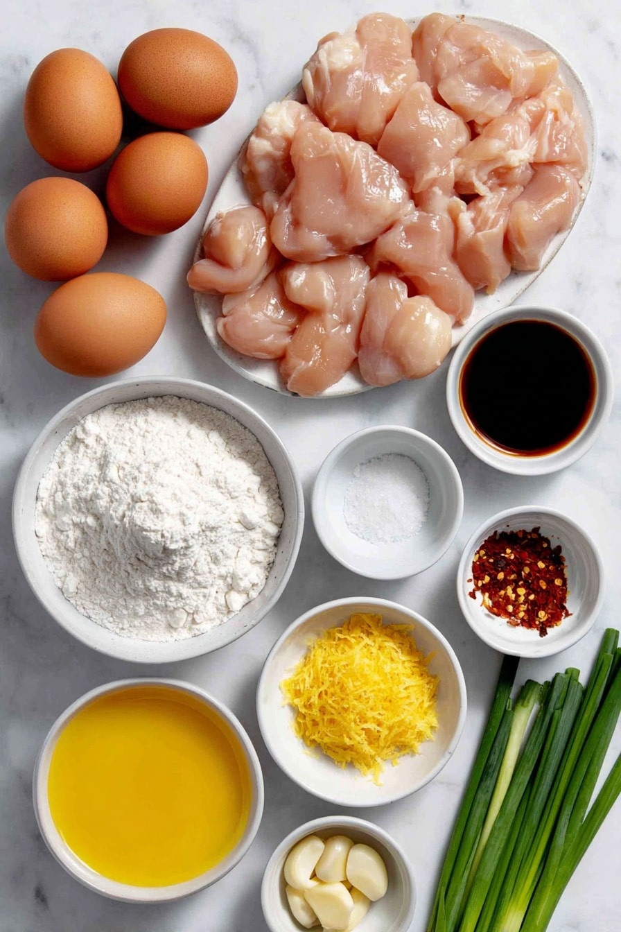 Flat lay of boneless skinless chicken breasts cut into bite-size pieces arranged neatly, three whole uncracked brown eggs, a small white ceramic bowl of cornstarch, a small white ceramic bowl of flour mixed with salt, a small mound of bright orange zest from one orange, a small white ceramic bowl filled with fresh orange juice, a small white ceramic bowl of granulated sugar, a small white ceramic bowl of clear rice vinegar, a small white ceramic bowl of dark soy sauce, a small white ceramic bowl containing finely diced garlic cloves, a small white ceramic bowl with red chili flakes, a small bundle of fresh green onions with green and white parts visible, placed on a clean white marble surface, soft natural light, photo taken with an iPhone, professional food photography style, fresh ingredients, white ceramic bowls, no bottles, no duplicates, no utensils, no packaging --ar 2:3 --v 7 --p m7354615311229779997 - Chinese Orange Chicken, homemade orange chicken, crispy orange chicken, orange chicken sauce, easy Chinese chicken