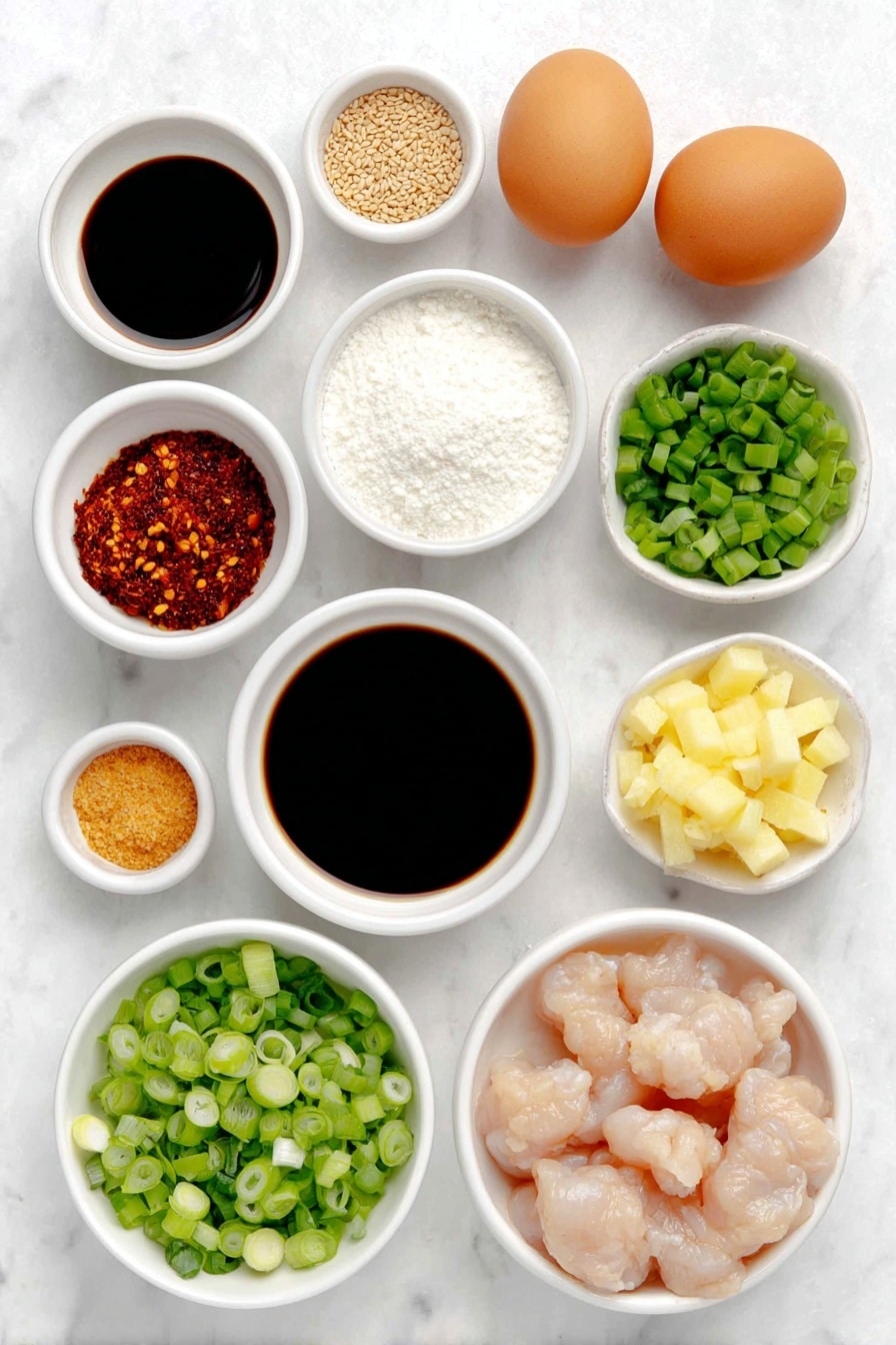 Flat lay of a simple white ceramic bowl filled with light soy sauce, a small white ceramic bowl of glossy hoisin sauce, a small white ceramic bowl of clear rice vinegar, a small white ceramic bowl containing vibrant red chili paste, a small white ceramic bowl of dark toasted sesame oil, a small white ceramic bowl of golden brown sugar crystals, a small white ceramic bowl of fine white cornflour, a small white ceramic bowl of light golden chicken stock, fresh raw chicken thigh pieces pale pink and plump, a small pile of finely grated light yellow ginger, a small heap of finely grated white garlic, two whole clean uncracked brown eggs, a small white ceramic bowl of clear vegetable oil, a small cluster of finely chopped ginger roots, a small mound of finely chopped garlic cloves, a small white ceramic bowl filled with bright red chili flakes, a small pile of thinly sliced green onions vibrant green and fresh, and a scattering of small, bright beige sesame seeds — all arranged with perfect symmetry on a clean white marble surface, soft natural light, photo taken with an iPhone, professional food photography style, fresh ingredients, white ceramic bowls, no bottles, no duplicates, no utensils, no packaging --ar 2:3 --v 7 --p m7354615311229779997 - Easy Crispy General Tso's Chicken, crispy General Tso's chicken recipe, homemade General Tso's chicken, easy Asian chicken dish, quick Chinese chicken recipe
