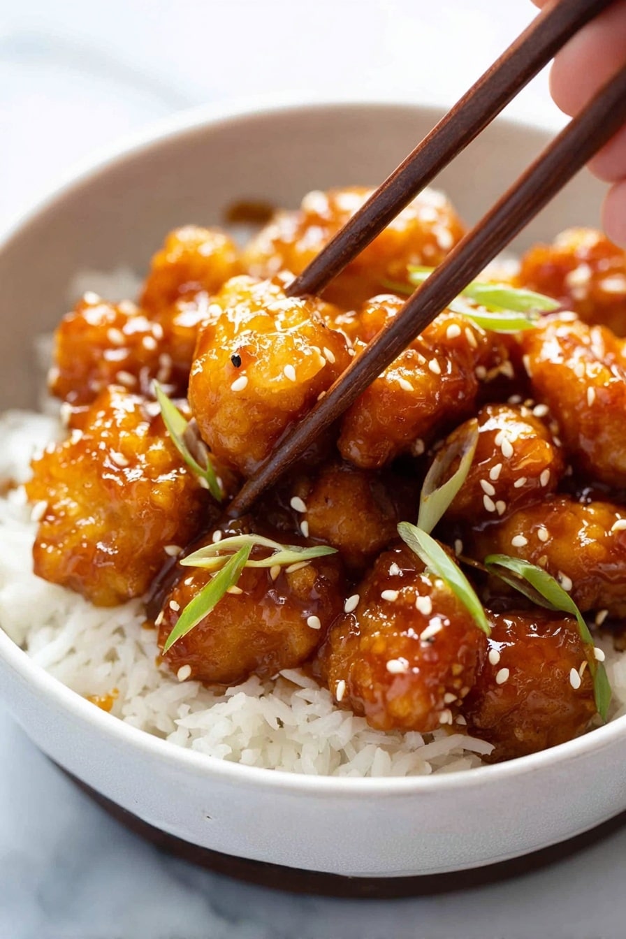 In a white bowl filled with white rice at the bottom, there is a layer of golden-brown crispy pieces covered with a thick, shiny, orange-brown sauce. The crispy pieces look soft inside with a crunchy texture outside. They are sprinkled with small white sesame seeds and thin slices of green onion, adding pops of green and white on top. A pair of wooden chopsticks held by a woman's hand is picking up one of the sauced pieces. The bowl sits on a white marbled surface, creating a clean and fresh background. Photo taken with an iphone --ar 2:3 --v 7 - Easy Crispy General Tso's Chicken, crispy General Tso's chicken recipe, homemade General Tso's chicken, easy Asian chicken dish, quick Chinese chicken recipe