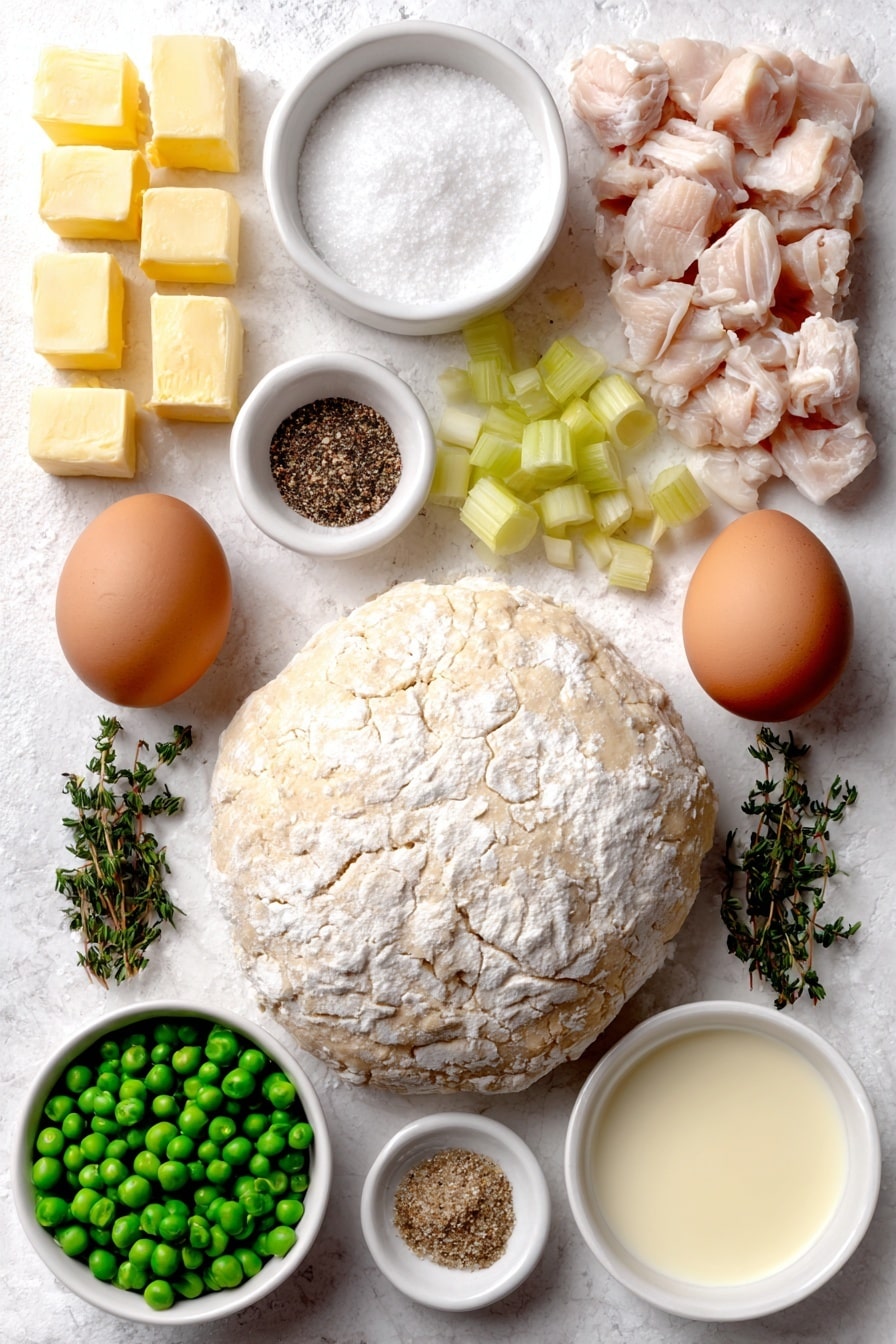 Flat lay of a ball of pale beige homemade pie crust dough, raw cubed skinless boneless chicken breast pieces, two peeled whole carrots sliced into rounds, several fresh celery stalks sliced, a small pile of unsalted golden butter cubes, half of a small yellow onion chopped, a few garlic cloves peeled and minced, a small mound of all-purpose flour, a small white bowl filled with coarse salt, a small white bowl of freshly ground black pepper, fresh dried thyme leaves loose, a small white bowl of clear golden chicken broth, a small white bowl of creamy half-and-half, a small pile of bright green frozen peas, one whole uncracked brown egg, a small white bowl of milk, and a few sprigs of fresh green thyme arranged with perfect symmetry in simple white ceramic bowls and plates, placed on a clean white marble surface, soft natural light, photo taken with an iPhone, professional food photography style, fresh ingredients, white ceramic bowls, no bottles, no duplicates, no utensils, no packaging --ar 2:3 --v 7 --p m7354615311229779997 - Homemade Chicken Pot Pie with Flaky Crust, chicken pot pie recipe, easy chicken pot pie, homemade chicken pie, comforting chicken dinner