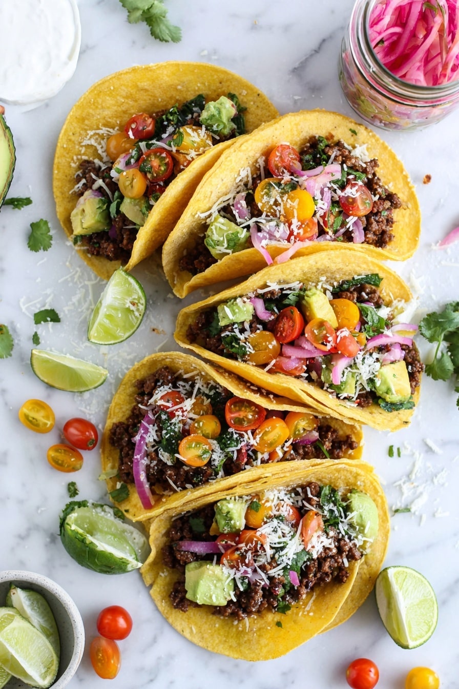 The image shows five soft yellow corn tortillas arranged in a loose circle on a white marbled surface, each filled with layers of dark brown cooked ground meat, bright green avocado chunks, colorful halves of red, yellow, and orange cherry tomatoes, fresh chopped cilantro, thin strips of purple pickled onion, and small white shredded cheese scattered on top. Lime wedges and whole cherry tomatoes are placed around the tortillas as garnish. A glass jar with pickled onions and a small white bowl of sour cream are partially visible near the edges. The scene feels fresh and vibrant, with a casual, inviting look. photo taken with an iphone --ar 2:3 --v 7 - Easy Ground Beef Tacos, ground beef tacos, quick taco dinner, homemade taco filling, best beef taco recipe