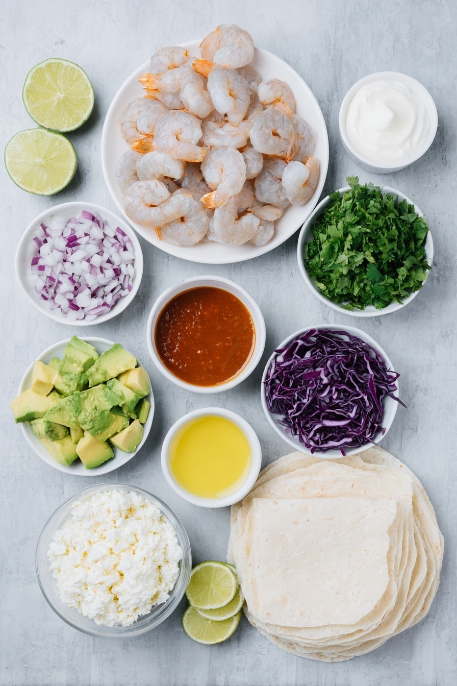 Flat lay of fresh raw shrimp with glistening shells, a halved ripe avocado diced into chunks, thinly shredded vibrant purple cabbage, finely diced bright red onion, a small handful of coarsely chopped fresh cilantro leaves, a small white bowl of creamy sour cream, another small white bowl with smooth mayonnaise, a small white bowl containing freshly squeezed lime juice, a few whole garlic cloves unpeeled, a small white bowl holding a deep orange-red Sriracha sauce, a small white bowl of golden olive oil, a neat mound of crumbly white Cotija cheese, a small pile of white corn tortillas stacked evenly, and a fresh lime cut into eight wedges all arranged in perfect symmetry on simple white ceramic bowls and plates placed on a clean white marble surface, soft natural light, photo taken with an iPhone, professional food photography style, fresh ingredients, white ceramic bowls, no bottles, no duplicates, no utensils, no packaging --ar 2:3 --v 7 --p m7354615311229779997 - Shrimp Tacos with Creamy Lime Sauce, shrimp taco recipe, easy shrimp tacos, fish taco ideas, quick weeknight dinner