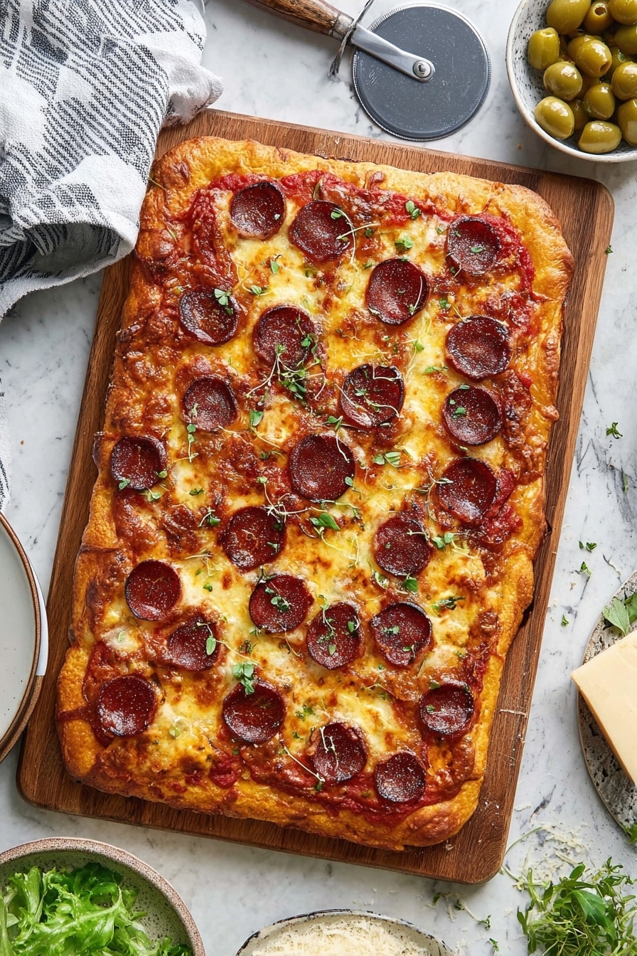A rectangular pizza with a golden brown thick crust sits on a wooden board. The pizza has a base layer of red tomato sauce, topped with melted yellow and white cheese that is bubbly and slightly browned in parts. Scattered evenly across the surface are many dark red pepperoni slices, some overlapping. Small green herb leaves are sprinkled on top, adding color contrast. The background is a white marbled texture, with a gray pizza cutter and a folded striped cloth on the top left, a white bowl with green olives at the top right, and some loose green herbs around the pizza. A white plate with green salad and a grater with a block of cheese are partially visible at the bottom right. Photo taken with an iphone --ar 2:3 --v 7 - Homemade Pepperoni Pizza, how to make pepperoni pizza from scratch, easy homemade pizza recipe, pizza with homemade crust and sauce, best homemade pepperoni pizza