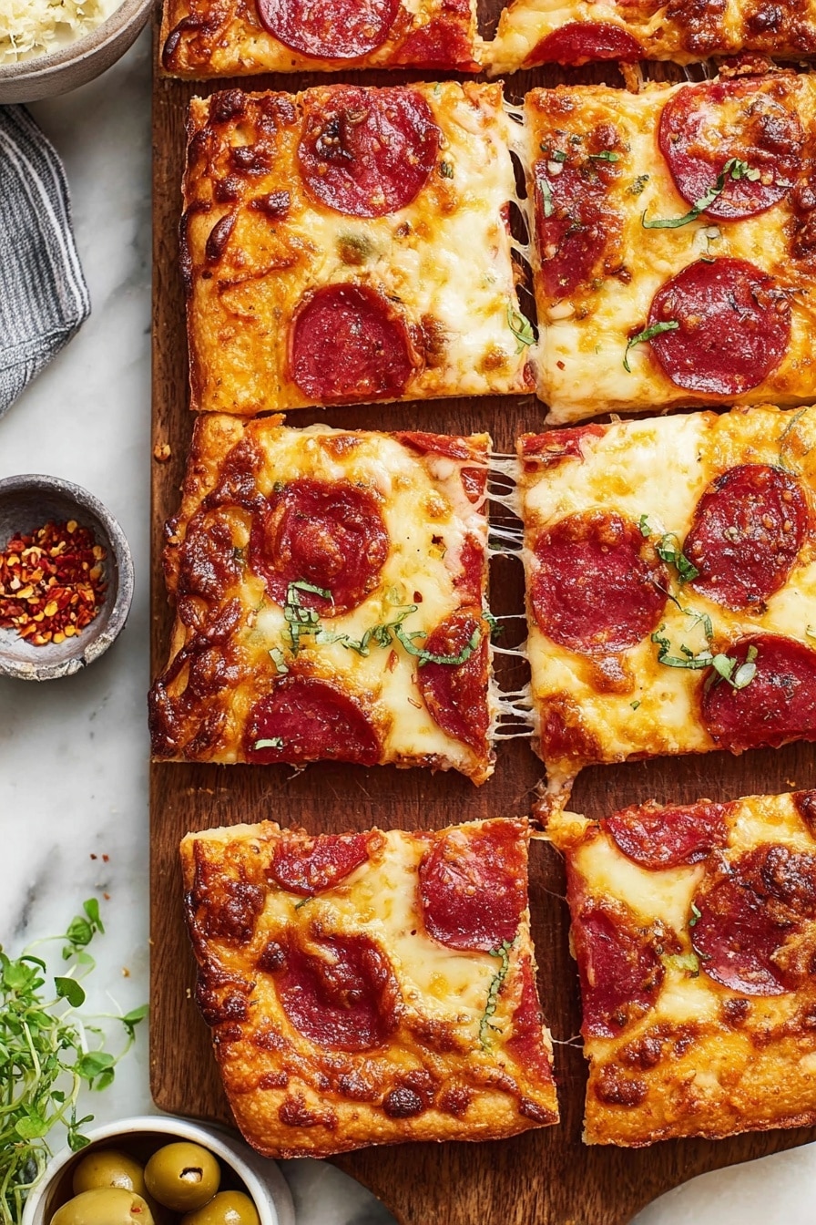 A rectangular pepperoni pizza sliced into nine square pieces sits on a wooden board. The crust is golden brown and thick, with melted cheese covering the entire pizza in a creamy white and light golden texture. Bright red pepperoni slices with slightly curled edges are spread evenly on top of the cheese. Small green herb leaves are scattered across the pizza, adding a fresh pop of color. One slice is lifted slightly showing a stretch of melted cheese between the slice and the rest of the pizza. The wooden board and pizza are on a white marbled surface with small bowls of olives and red chili flakes, and a sprig of fresh herbs in the background. Photo taken with an iphone --ar 2:3 --v 7 - Homemade Pepperoni Pizza, how to make pepperoni pizza from scratch, easy homemade pizza recipe, pizza with homemade crust and sauce, best homemade pepperoni pizza