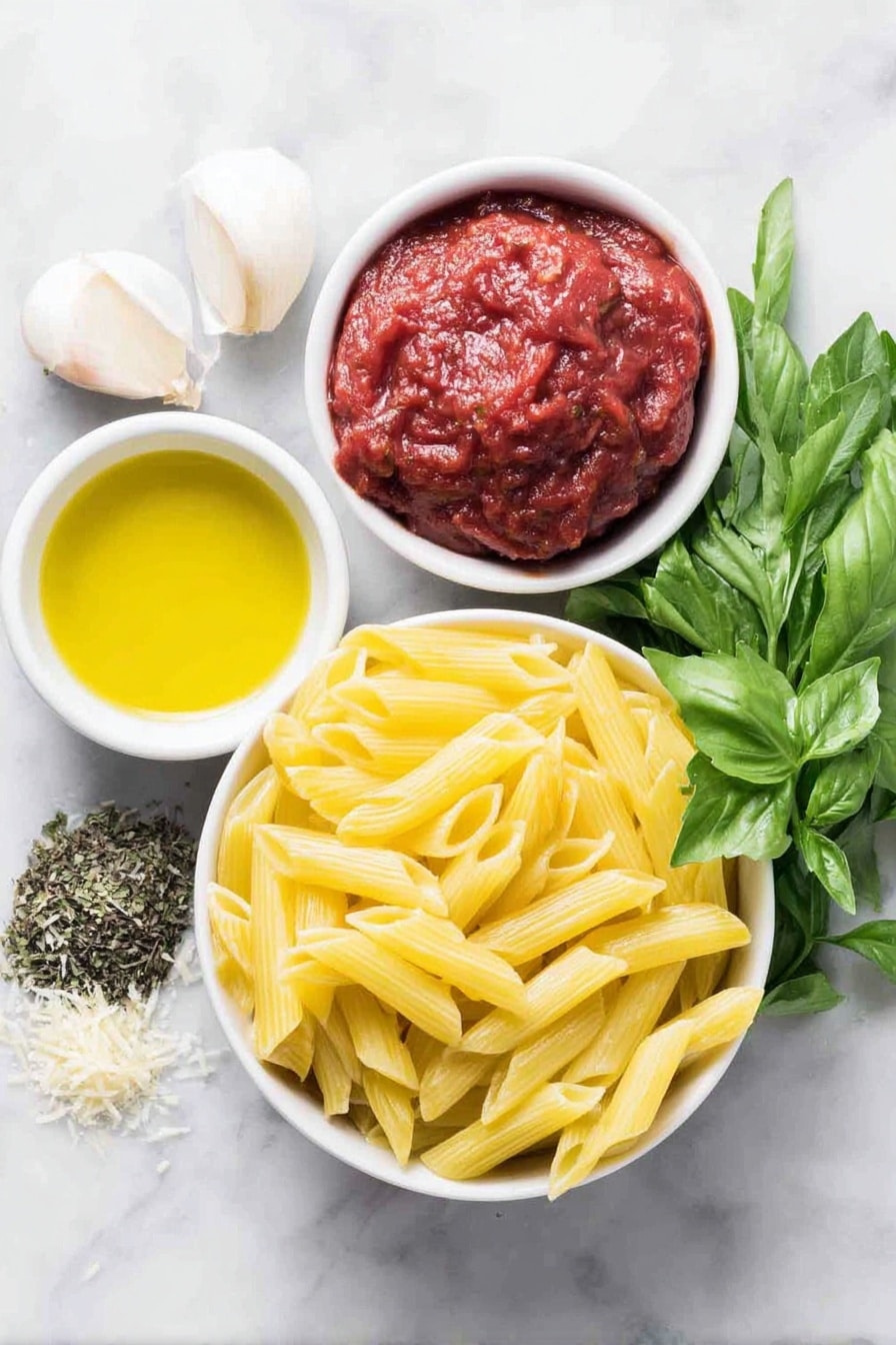 Flat lay of a mound of uncooked yellow penne pasta, two whole garlic cloves with smooth white skins, a small white ceramic bowl filled with bright red pureed tomatoes, a small white ceramic bowl containing deep red thick tomato paste, a few sprigs of fresh bright green parsley, a few sprigs of fresh vibrant green basil leaves, a small white ceramic bowl with golden olive oil, a small white ceramic bowl of dried oregano leaves, and a small heap of finely grated pale yellow parmesan cheese all arranged in perfect symmetry on a clean white marble surface, soft natural light, photo taken with an iPhone, professional food photography style, fresh ingredients, white ceramic bowls, no bottles, no duplicates, no utensils, no packaging --ar 2:3 --v 7 --p m7354615311229779997 - Penne Pomodoro with Fresh Basil, Quick Penne Pasta Tomato, Easy Italian Penne Dinner, 10-Minute Penne Pomodoro, Fresh Basil Pasta Recipe
