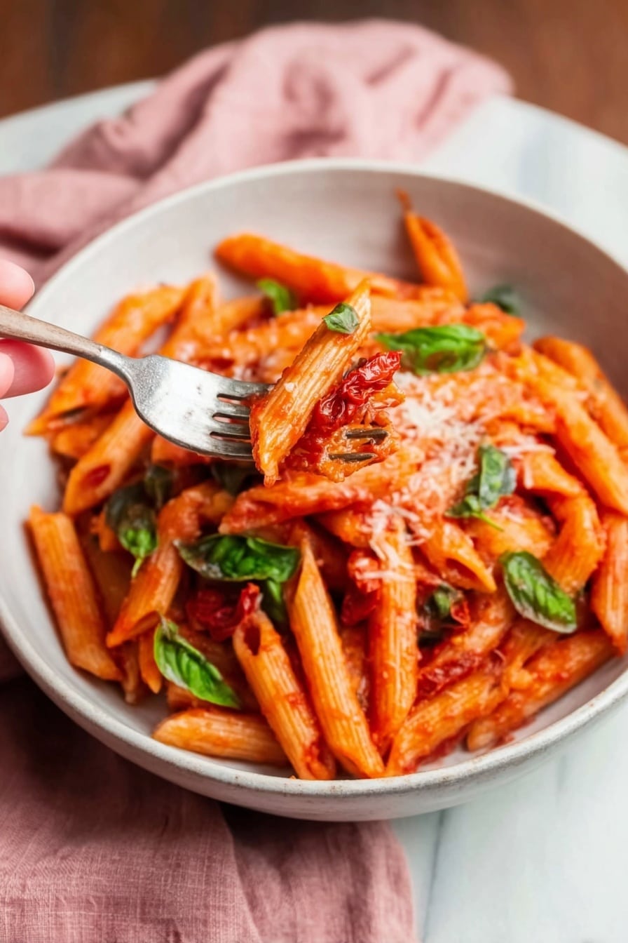 A white bowl filled with red penne pasta coated in tomato sauce. The pasta is layered with small green basil leaves scattered on top. A woman's hand holds a silver fork lifting a bite of pasta with a piece of sun-dried tomato and some grated cheese visible on top. The background is a white marbled surface with a soft pink cloth near the bowl, creating a cozy setting. photo taken with an iphone --ar 2:3 --v 7 - Penne Pomodoro with Fresh Basil, Quick Penne Pasta Tomato, Easy Italian Penne Dinner, 10-Minute Penne Pomodoro, Fresh Basil Pasta Recipe
