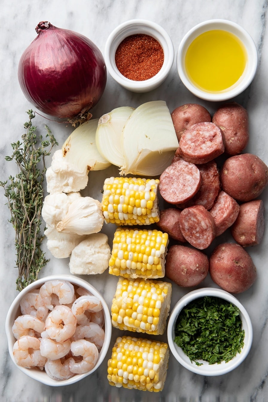 Flat lay of a large red onion quartered into wedges, a whole garlic bulb halved horizontally showing cloves, a small white ceramic bowl filled with bright reddish Old Bay seasoning powder, fresh thyme sprigs with delicate green leaves, several medium red potatoes cut into fourths with smooth skin, four husked corn ears broken into halves with bright yellow kernels, thick slices of reddish-brown andouille sausage showing marbling, a pile of plump raw pink shrimp with shells peeled and deveined, a small white bowl of melted golden butter, another small white bowl with fresh lemon juice, and a few sprigs of finely chopped fresh green parsley, all arranged symmetrically and naturally without any packaging, placed on a clean white marble surface, soft natural light, photo taken with an iPhone, professional food photography style, fresh ingredients, white ceramic bowls, no bottles, no duplicates, no utensils, no packaging --ar 2:3 --v 7 --p m7354615311229779997 - Shrimp Boil Old Bay Seasoning, Shrimp Boil Recipe, seafood boil recipe, Old Bay seafood boil, Southern shrimp boil
