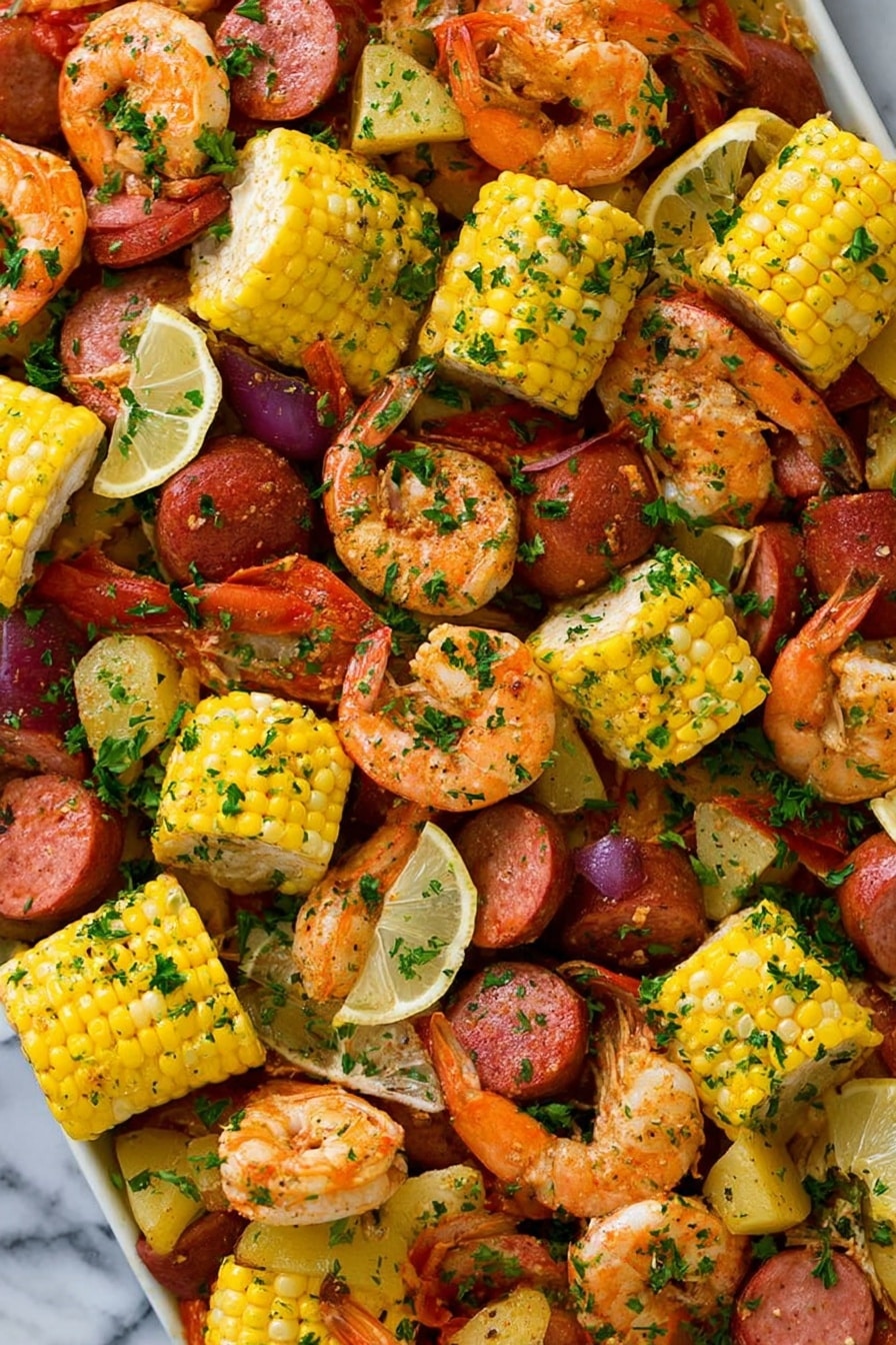The image shows a colorful seafood boil with several layers mixed together. The first layer consists of chunky pieces of bright yellow corn on the cob with visible kernels, evenly spread across the dish. On top of that are many plump shrimp with an orange-pink color and a slightly shiny, cooked texture. Interspersed among the shrimp and corn are thick slices of reddish sausage with a smooth surface, and chunks of red-skinned potatoes with a soft texture. Thin lemon wedges with yellow skin and juicy white flesh are scattered in various places. The entire dish is sprinkled with finely chopped green parsley, adding a fresh touch. The food rests on a white marbled surface that enhances the vibrant colors. Photo taken with an iphone --ar 2:3 --v 7 - Shrimp Boil Old Bay Seasoning, Shrimp Boil Recipe, seafood boil recipe, Old Bay seafood boil, Southern shrimp boil