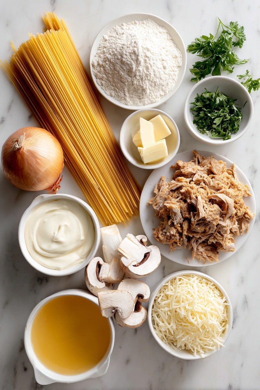Flat lay of a bundle of uncooked spaghetti strands, a few small cubes of salted butter, one whole uncracked brown onion, three cloves of garlic with papery skins, a handful of sliced fresh white mushrooms, a small mound of all-purpose flour on a white ceramic plate, a small white bowl filled with golden chicken broth, a small white bowl with smooth garlic-flavored cream cheese, a small white bowl containing creamy half and half, a small bunch of bright green fresh parsley sprigs, a small pile of cooked chopped turkey meat, a small mound of shredded mozzarella cheese, and a tiny white bowl holding grated Parmesan cheese, all arranged symmetrically on a clean white marble surface, soft natural light, photo taken with an iPhone, professional food photography style, fresh ingredients, white ceramic bowls, no bottles, no duplicates, no utensils, no packaging --ar 2:3 --v 7 --p m7354615311229779997 - Creamy Turkey Tetrazzini, turkey tetrazzini casserole, cheesy turkey pasta bake, leftover turkey dinner, luxurious comfort food
