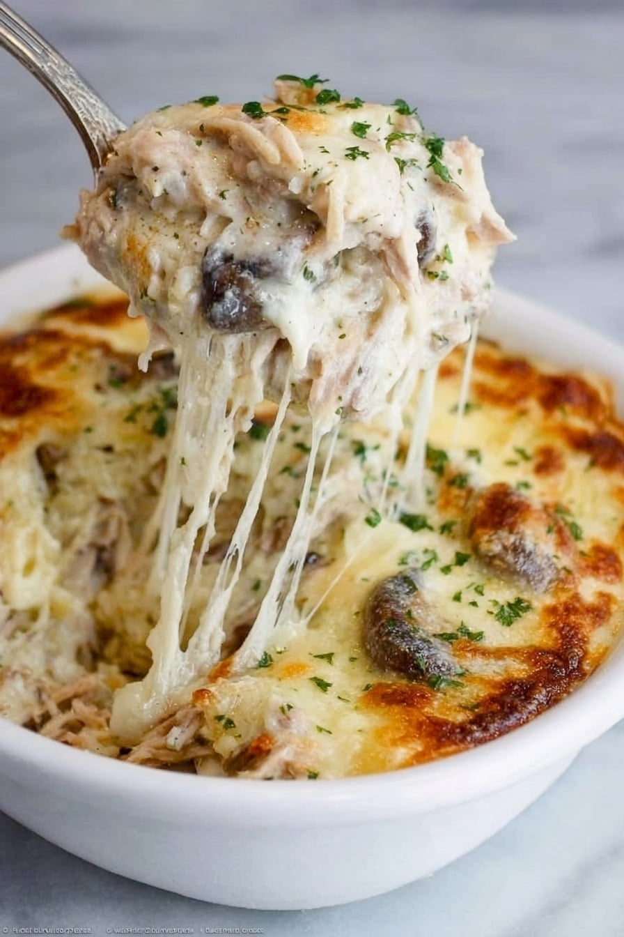 The image shows a close-up of a white bowl filled with several layers of creamy spaghetti pasta. The bottom layer is light beige spaghetti, covered by a thick white sauce with small green parsley pieces sprinkled on top. The sauce looks rich and smooth, with some small bits of chicken or vegetables visible. The bowl is placed on a white marbled surface next to a silver fork with detailed edges. The background is softly blurred, showing another dish out of focus. photo taken with an iphone --ar 2:3 --v 7 - Creamy Turkey Tetrazzini, turkey tetrazzini casserole, cheesy turkey pasta bake, leftover turkey dinner, luxurious comfort food