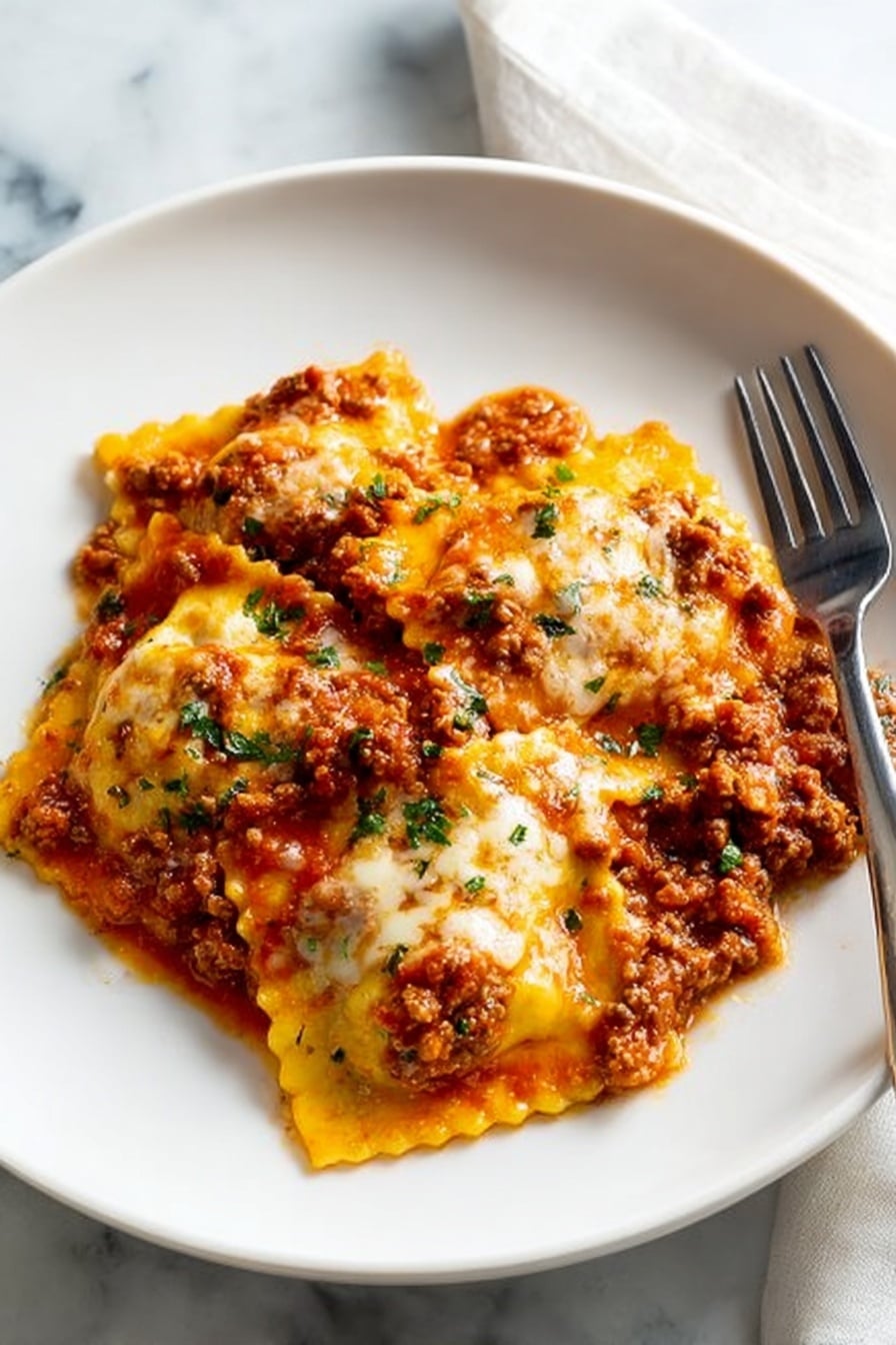 The dish shows four large square ravioli pieces covered in a thick, chunky tomato meat sauce with visible bits of ground meat and small green herb sprinkles on top. The ravioli have ruffled edges and are coated in melted cheese that is golden-yellow and slightly browned in spots. The sauce spreads evenly over the pasta, giving it a rich and hearty look. The white plate sits on a white marbled surface, with a fork resting on the right side of the plate. The lighting highlights the textures and colors, making the dish look warm and appetizing. photo taken with an iphone --ar 2:3 --v 7 - Baked Ravioli with Meat and Mozzarella, cheesy baked ravioli, meat-filled baked pasta, easy ravioli casserole, family-friendly baked ravioli