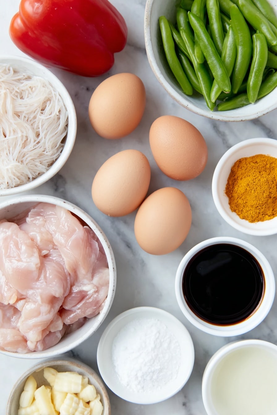 Flat lay of a small bundle of dried rice vermicelli noodles, thinly sliced raw chicken thighs with pale pink flesh, three whole uncracked brown eggs, one whole fresh red bell pepper, one small whole yellow onion, a handful of bright green snap peas with ends removed, a small pile of fresh baby corn ears, four peeled garlic cloves, a small white ceramic bowl of golden yellow curry powder, a small white ceramic bowl of dark brown hoisin sauce, a small white ceramic bowl of light brown soy sauce, a small white ceramic bowl of clear Shaoxing wine, a small white ceramic bowl of white granulated sugar, a small white ceramic bowl of translucent cornstarch powder, a small white ceramic bowl of clear vegetable oil, all ingredients arranged symmetrically and with realistic proportions, placed on a clean white marble surface, soft natural light, photo taken with an iPhone, professional food photography style, fresh ingredients, white ceramic bowls, no bottles, no duplicates, no utensils, no packaging --ar 2:3 --v 7 --p m7354615311229779997 - Singapore Curry Noodles Chinese stir-fry, easy curry noodle dish, quick Asian noodle recipe, flavorful curry noodle dinner, weeknight Asian meal