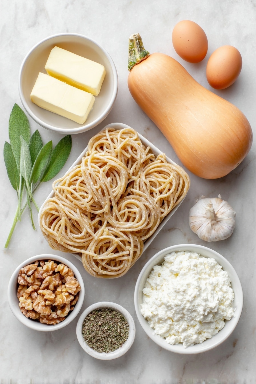 Flat lay of a small nest of dry bucatini pasta, a whole uncut butternut squash with bright orange skin and a green stem, two whole uncracked brown eggs, a small white ceramic bowl filled with pale yellow unsalted butter, a few large fresh sage leaves with vibrant green color, two peeled garlic cloves slightly smashed, a small white bowl of coarsely chopped toasted walnuts, a small white bowl of freshly grated Parmesan cheese, a small white bowl of smooth whole-milk ricotta cheese, a small white bowl containing a mix of ground ginger, nutmeg, cumin, and a pinch of cayenne powder artfully arranged side by side, and a sprinkling of kosher salt and cracked black pepper grains arranged neatly on the white ceramic surface, all placed on a clean white marble surface, soft natural light, photo taken with an iPhone, professional food photography style, fresh ingredients, white ceramic bowls, no bottles, no duplicates, no utensils, no packaging --ar 2:3 --v 7 --p m7354615311229779997 - Butternut Squash Pasta with Sage, butternut squash pasta, fall pasta recipes, sage pasta dishes, cozy fall dinner ideas