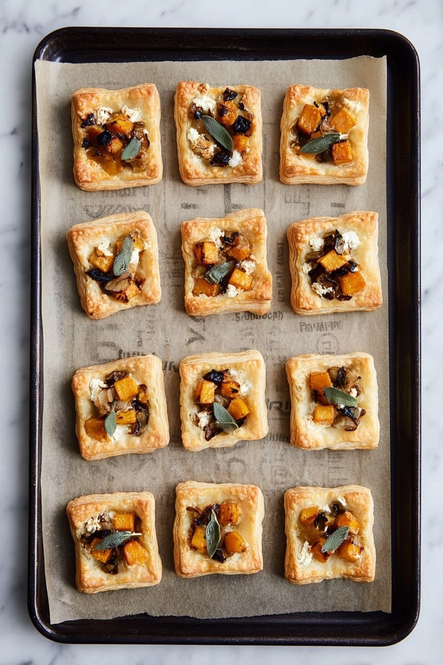 Twelve small square pastries are arranged in a 4 by 3 grid on parchment paper lined on a dark baking tray. Each pastry has a golden-brown puff crust with a slightly raised edge around the border. Inside each crust, there are layers of small golden-orange cubes, dark bits resembling cooked mushrooms or caramelized onions, and light crumbles of cheese, all topped with thin strips of green herb, possibly sage. The pastries have a slightly glossy finish on top, and the parchment paper beneath them has faint printed text. The tray is placed on a white marbled surface. photo taken with an iphone --ar 2:3 --v 7 - Mini Butternut Squash Tarts, butternut squash appetizer, savory mini tarts, easy appetizer recipes, fall appetizer ideas