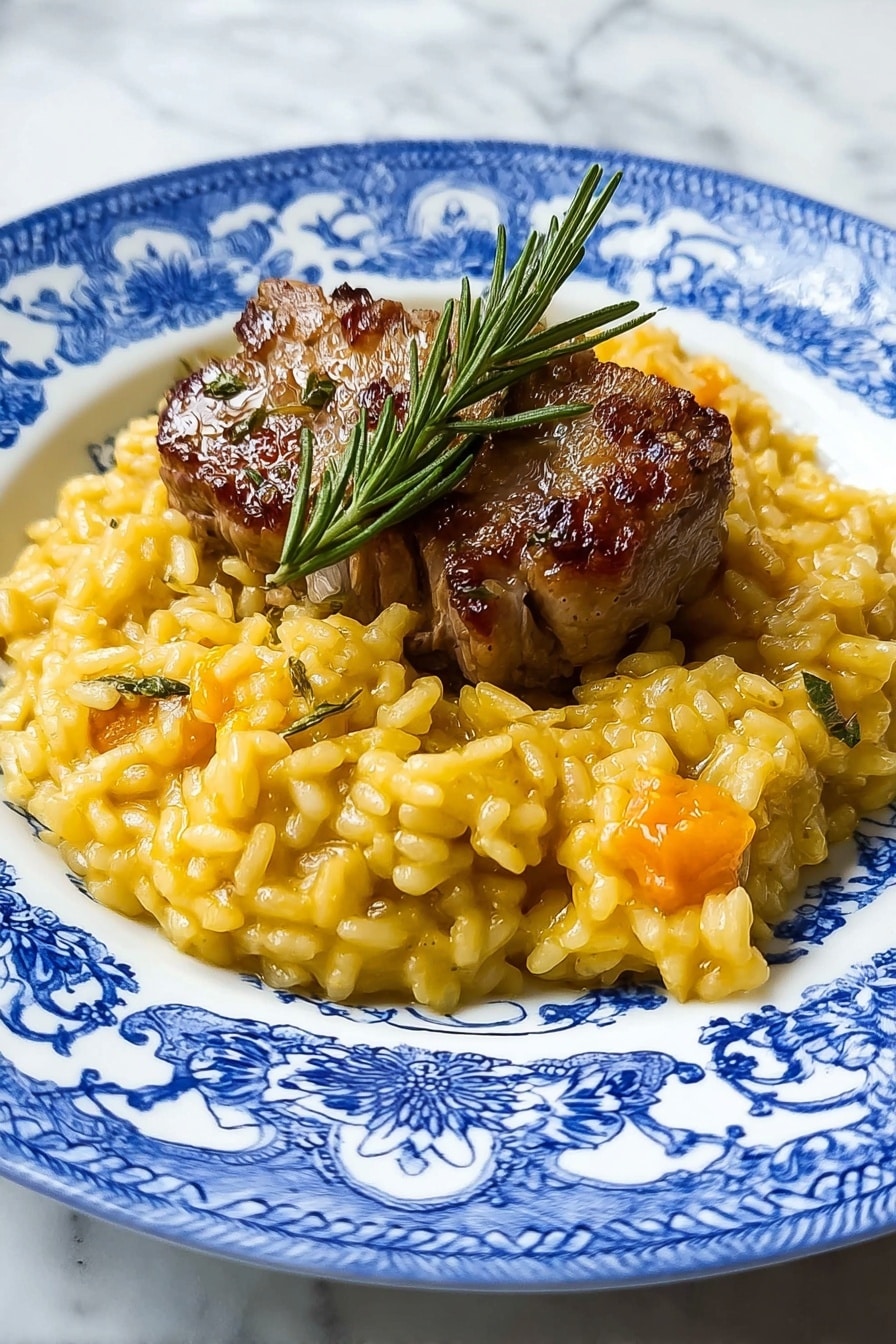 A bowl of creamy risotto with orange pieces of roasted pumpkin mixed throughout the rice. The risotto has a soft, slightly glossy texture giving it a rich look, with small green herb bits scattered inside. On top, there is a light layer of grated white cheese that adds a fine, feathery detail. The dish is served in a white bowl with a pale peach inner surface sitting on a dark blue woven mat, and a silver spoon is partially visible on the right side. photo taken with an iphone --ar 2:3 --v 7 - Butternut Squash Risotto with Saffron, butternut squash risotto, saffron risotto recipe, creamy squash risotto, easy vegetarian risotto