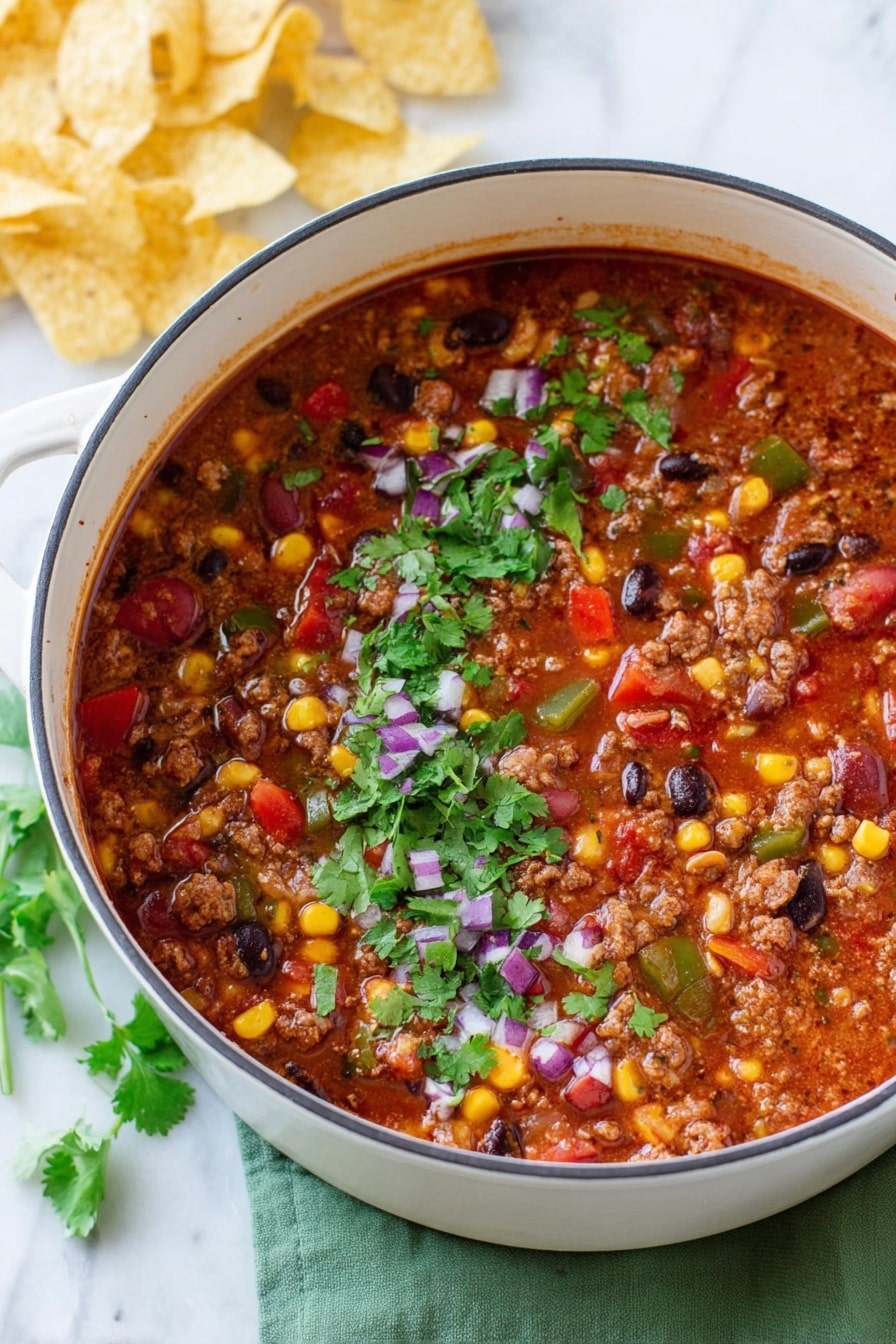 A white pot filled with chili showing layers of rich red sauce, mixed with ground meat, black beans, pinto beans, diced red and green peppers, yellow corn kernels, and small pieces of onion. The top is sprinkled with fresh green cilantro leaves and finely chopped purple onion pieces. The pot sits on a green cloth on a white marbled surface, with some light yellow potato chips loosely piled in the background. Photo taken with an iphone --ar 2:3 --v 7 - Hearty Taco Soup with Ground Beef, Taco Soup recipe, Ground Beef Soup, Quick Taco Soup, Delicious Taco Soup