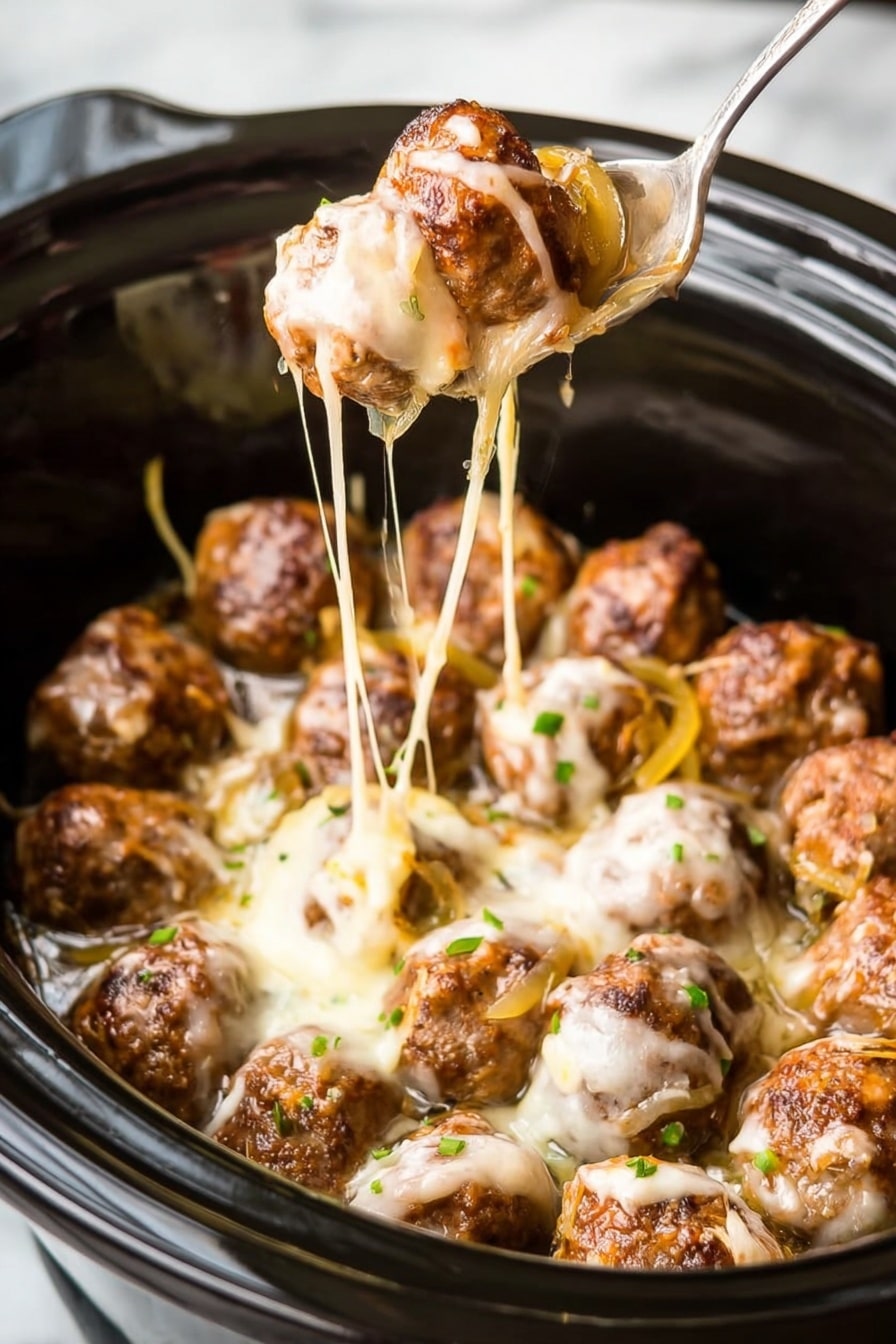 The image shows a round black slow cooker filled with small, browned meatballs covered in melted white cheese, with some thin, yellow cooked onion slices mixed in. The cheese looks stretchy as a silver spoon lifts several meatballs and onions out of the cooker, creating long melted cheese strings. The meatballs are arranged in a circle inside the slow cooker. Some small green herb pieces are sprinkled on the meatballs. The background is a white marbled texture. Photo taken with an iphone --ar 2:3 --v 7 - Slow Cooker French Onion Meatballs, French Onion Soup Meatballs, Easy Slow Cooker Appetizer, Cheesy Meatball Recipe, Comfort Food Dinner