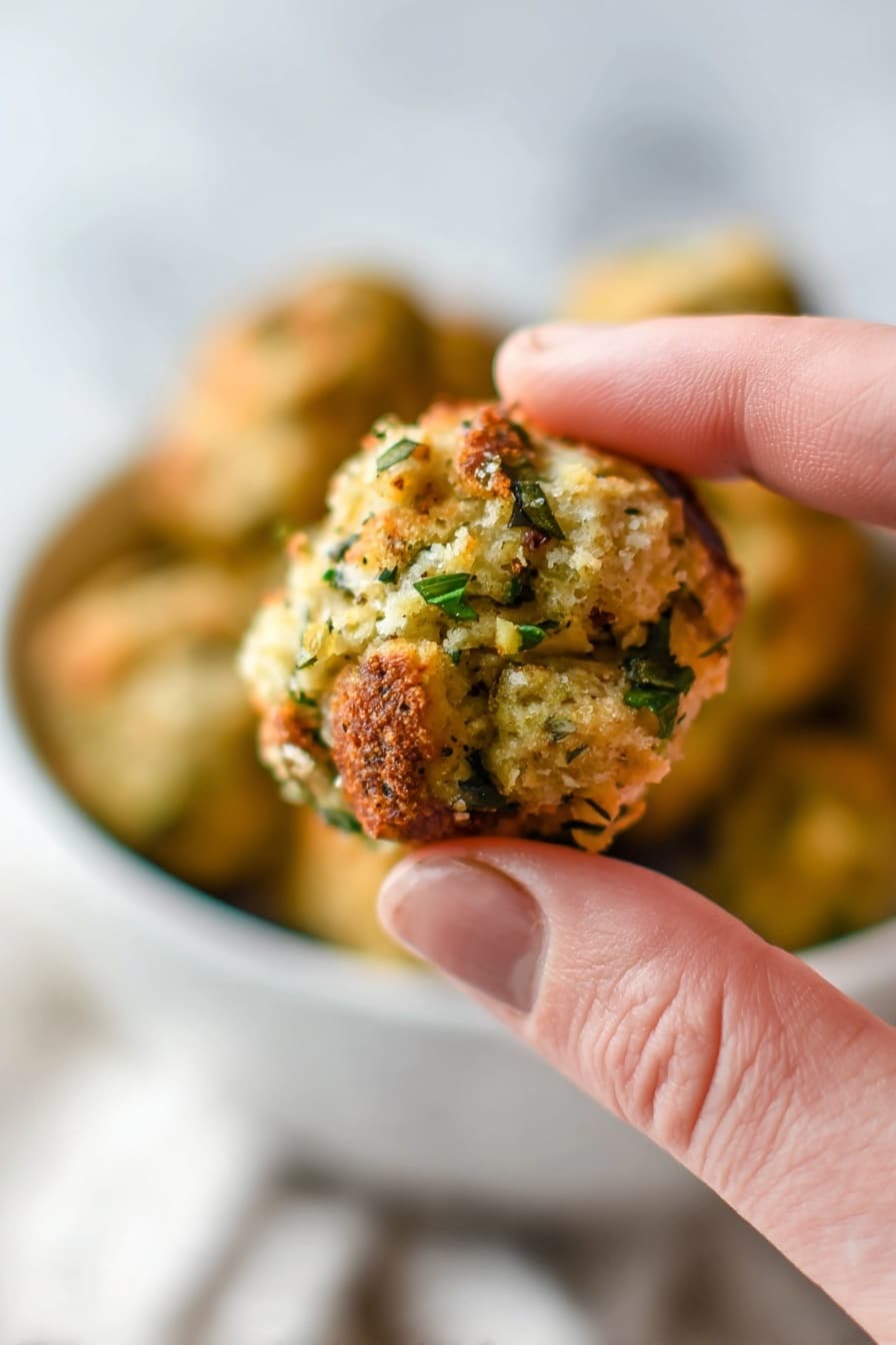 A close-up of a small round food ball held between a woman's thumb and forefinger. The ball has a rough texture made of small golden bread-like cubes mixed with green herbs and seasoning, giving it a slightly crispy look. In the background, there is a white bowl holding more of the same balls, with a soft white marbled surface beneath. The focus is sharp on the ball and fingers, while the background is softly blurred. photo taken with an iphone --ar 2:3 --v 7 - Baked Stuffing Balls with Herbs and Vegetables, stuffing balls, herb and vegetable stuffing, holiday stuffing side dish, savory baked stuffing balls