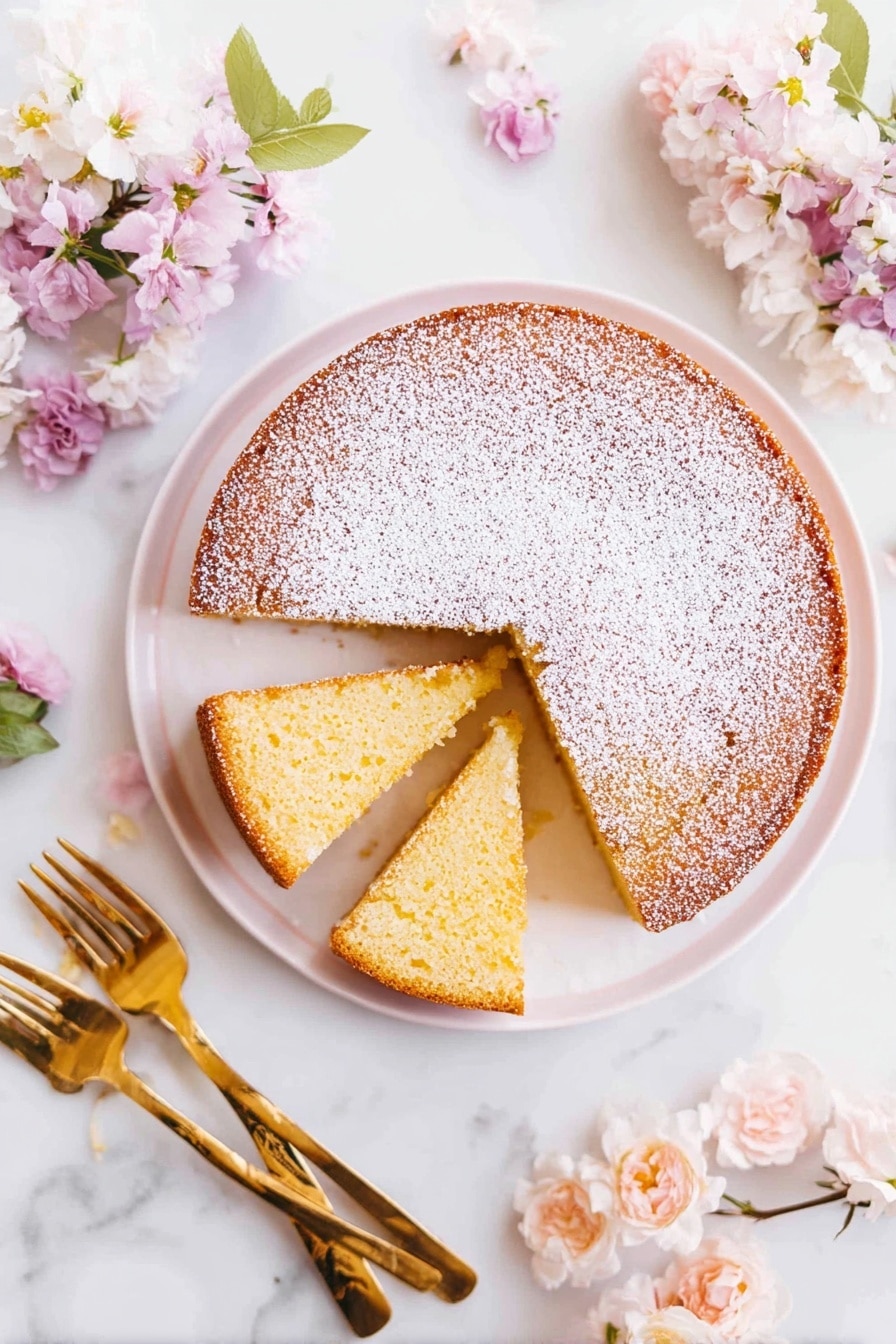 A round cake with a golden brown top dusted evenly with powdered sugar sits on a white plate. Two slices are taken out and placed partly overlapping inside the cake’s empty space, showing a soft, light yellow inside with a slightly shiny texture. Around the plate are clusters of light pink and white flowers and a set of gold forks on a white marbled surface. The photo taken with an iphone --ar 2:3 --v 7 - French Butter Cake, easy French butter cake, moist buttery cake, simple French cake, classic French dessert