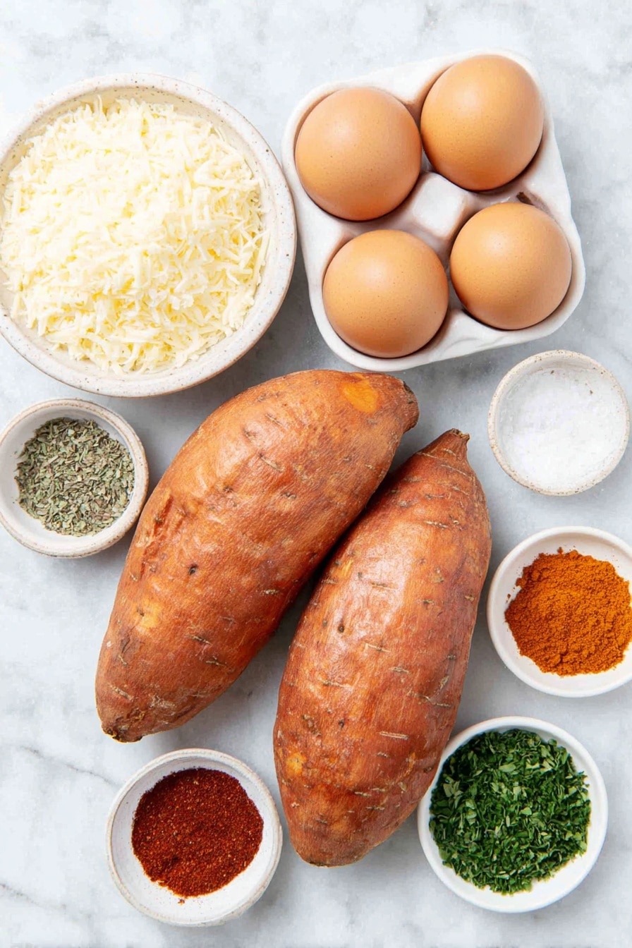 Flat lay of two large whole sweet potatoes with bright orange skin, three whole uncracked brown eggs, a small white ceramic bowl filled with finely grated pale yellow Parmesan cheese, a small white bowl containing coarse salt crystals, another small white bowl with coarse ground black pepper, a small white bowl with fine garlic powder, a small white bowl holding dried green parsley flakes, a small white bowl containing dried oregano leaves, a small white bowl with vibrant red paprika powder, and a tiny white bowl with deep orange cayenne pepper powder, all arranged in perfect symmetry on a clean white marble surface, soft natural light, photo taken with an iPhone, professional food photography style, fresh ingredients, white ceramic bowls, no bottles, no duplicates, no utensils, no packaging --ar 2:3 --v 7 --p m7354615311229779997 - Garlic Parmesan Sweet Potato Wedges, crispy sweet potato fries, baked sweet potato wedges, garlic Parmesan side dish, healthy vegetable side