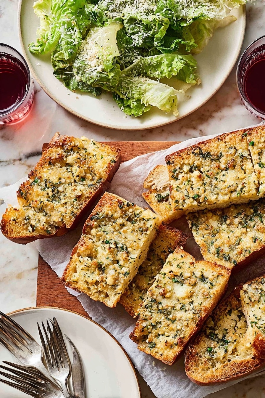 The image shows several pieces of garlic bread arranged on white parchment paper placed on a wooden board. The bread has a golden crust with a topping layer that looks creamy and speckled with chopped green herbs and small bits of garlic. The texture of the topping appears slightly rough but moist with a toasted finish. Nearby, a white plate contains a leafy green salad with crispy lettuce leaves and grated cheese on top, with a silver fork resting on the plate. Another white plate with four silver forks is visible at the bottom, along with a glass of reddish juice on the side. The surface underneath everything is a white marbled texture. Photo taken with an iphone --ar 2:3 --v 7 - Garlic Parmesan Herb Bread, garlic bread recipe, herb bread, cheesy garlic bread, homemade bread with herbs