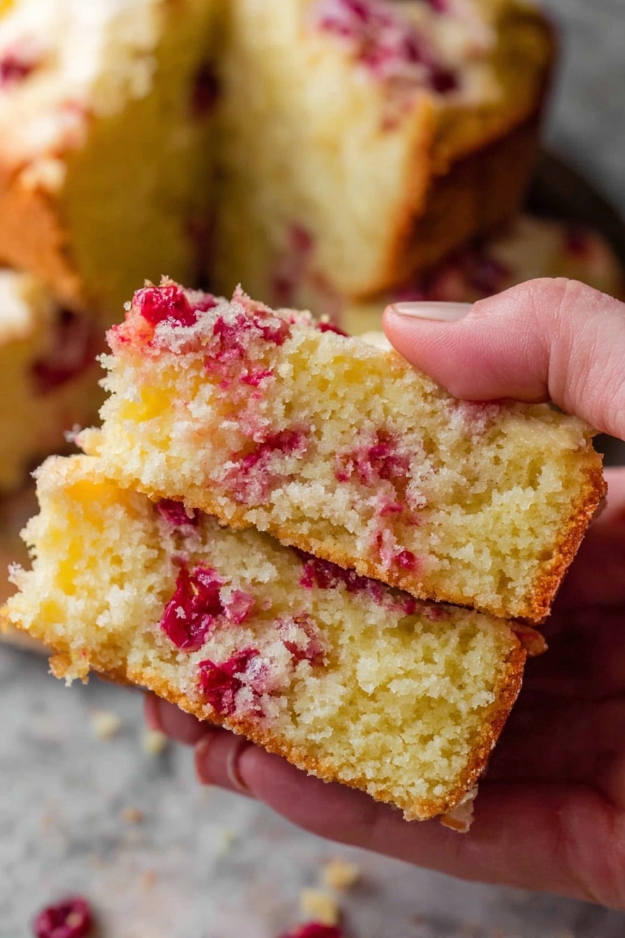 A close-up of a woman's hand holding a piece of golden yellow cake that is broken in half, showing two layers. The cake is moist with a soft crumb texture and has bright red berries scattered through both layers and the top, adding color contrast. The background shows more pieces of the same cake resting on a white marbled surface. The lighting highlights the moist texture and the berries' vibrant red spots photo taken with an iphone --ar 2:3 --v 7 - Cranberry Orange Bread, Cranberry Orange Bread with Glaze, Holiday Cranberry Bread, Quick Cranberry Bread, Moist Cranberry Bread