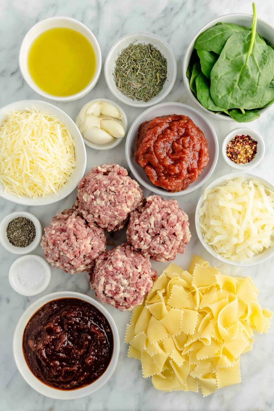 Flat lay of a small pile of lean ground beef, a small pile of Italian ground sausage, a small white ceramic bowl of golden olive oil, a small white ceramic bowl of chopped yellow onion, three peeled garlic cloves, a small white ceramic bowl of deep red tomato paste, a small white ceramic bowl of vibrant red marinara sauce, a small white ceramic bowl with red pepper flakes, a small white ceramic bowl of salt, a small white ceramic bowl of black ground pepper, a small white ceramic bowl of garlic powder, a small white ceramic bowl of crushed dried oregano, a small white ceramic bowl of dried thyme, a small white ceramic bowl filled with clear beef broth, broken pieces of uncooked lasagna noodles, a small pile of fresh baby spinach leaves, a small mound of shredded parmesan cheese, a small mound of fresh ricotta cheese, a small mound of shredded mozzarella cheese all arranged symmetrically on a clean white marble surface, soft natural light, photo taken with an iPhone, professional food photography style, fresh ingredients, white ceramic bowls, no bottles, no duplicates, no utensils, no packaging --ar 2:3 --v 7 --p m7354615311229779997 - One Pot Lasagna Soup with Spinach, Lasagna Soup, Easy Lasagna Soup Recipe, Healthy Lasagna Soup, One Pot Pasta Soups