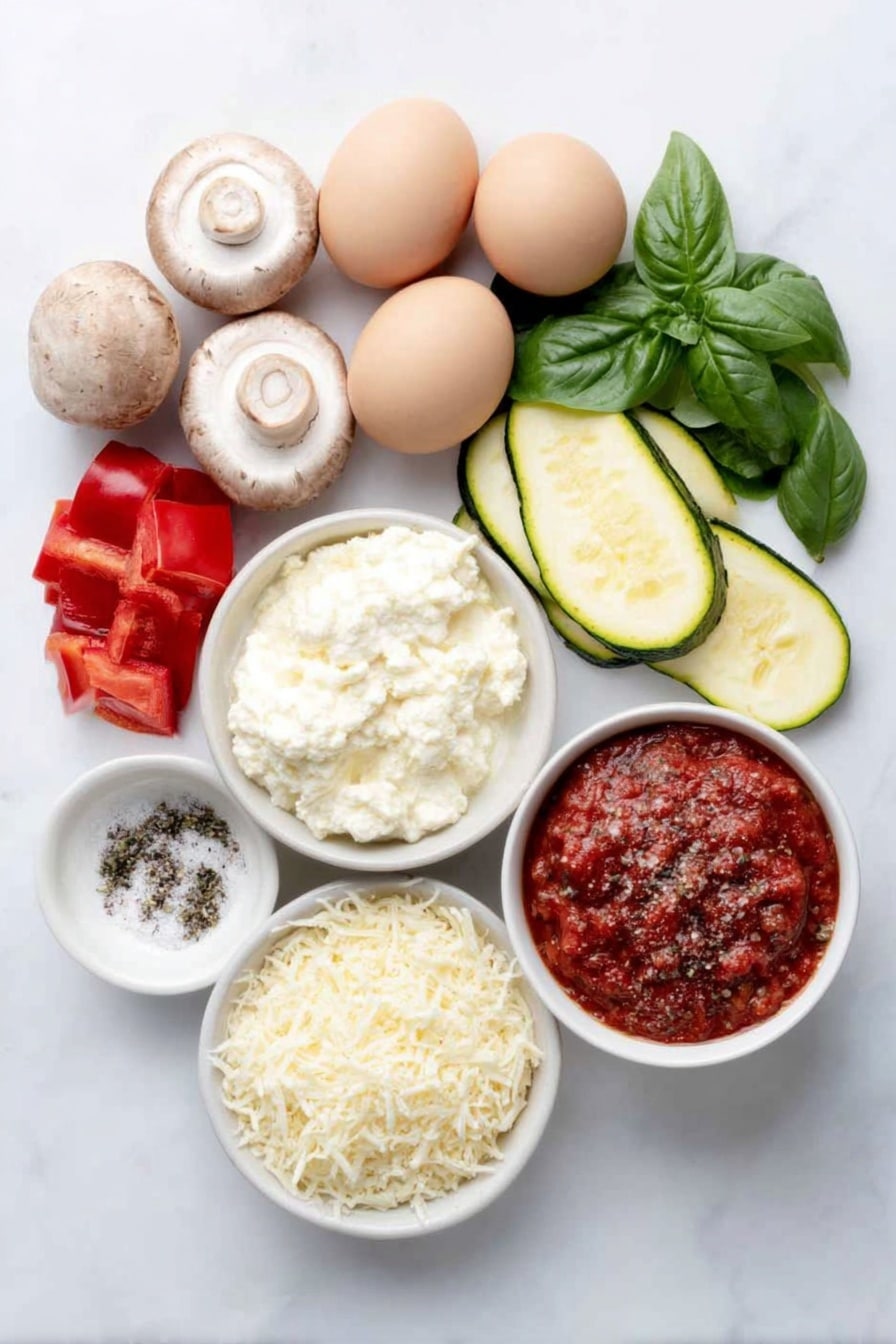 Flat lay of fresh whole cremini mushrooms, one vibrant red bell pepper cut into chunks, a medium zucchini sliced into pieces, half a yellow onion diced, three whole uncracked brown eggs, fresh bright green spinach leaves, three whole white lasagna noodles, small white ceramic bowls containing extra-virgin olive oil, rich marinara sauce, whole milk ricotta cheese mixed with grated garlic and lemon zest, small piles of grated low-moisture mozzarella cheese and grated pecorino cheese, fresh basil leaves arranged neatly for garnish, and a small white bowl of sea salt with freshly ground black pepper, all arranged in perfect symmetry on a simple white ceramic surface placed on a clean white marble surface, soft natural light, photo taken with an iPhone, professional food photography style, fresh ingredients, white ceramic bowls, no bottles, no duplicates, no utensils, no packaging --ar 2:3 --v 7 --p m7354615311229779997 - Vegetarian Roasted Vegetable Lasagna, healthy vegetarian lasagna, easy veggie lasagna, cheesy roasted vegetable bake, plant-based lasagna
