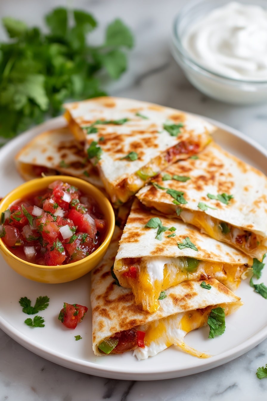 The image shows a white plate holding four triangular pieces of golden brown quesadilla with melted cheese oozing out and bits of green and red peppers inside. There is a small yellow bowl with red tomato salsa that has chopped tomatoes, onions, green peppers, and cilantro, placed next to the quesadilla. Fresh cilantro leaves are scattered around the plate for garnish, and there is a glass bowl with sour cream blurred in the background on a white marbled surface. The photo is taken with an iphone --ar 2:3 --v 7 - Cheddar Chicken Quesadilla, quesadilla recipes, chicken quesadilla, cheesy quesadilla, quick dinner ideas