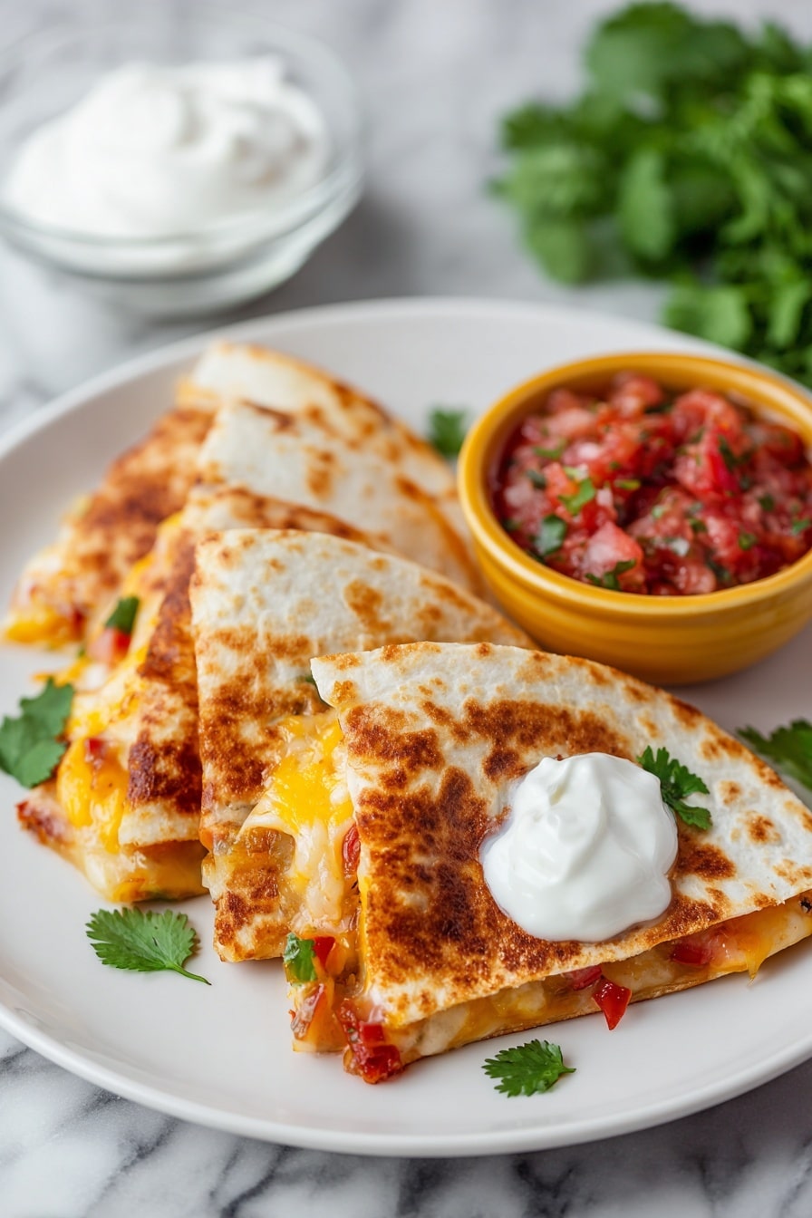 The image shows three triangular quesadilla slices on a black plate, each slice with a crispy, golden-brown top layer of melted cheese. Below the cheese layer, bits of red diced tomatoes and green herbs are visible, suggesting a mix of fresh ingredients. Around the plate, there are scattered chopped green onions and cilantro leaves adding a touch of fresh green color. To the side, there is a white powdered substance being poured from a glass jar, fresh avocado pieces in a white bowl, and small yellow bowls filled with chopped tomatoes and cilantro. The background is a white marbled surface. photo taken with an iphone --ar 2:3 --v 7 - Cheddar Chicken Quesadilla, quesadilla recipes, chicken quesadilla, cheesy quesadilla, quick dinner ideas