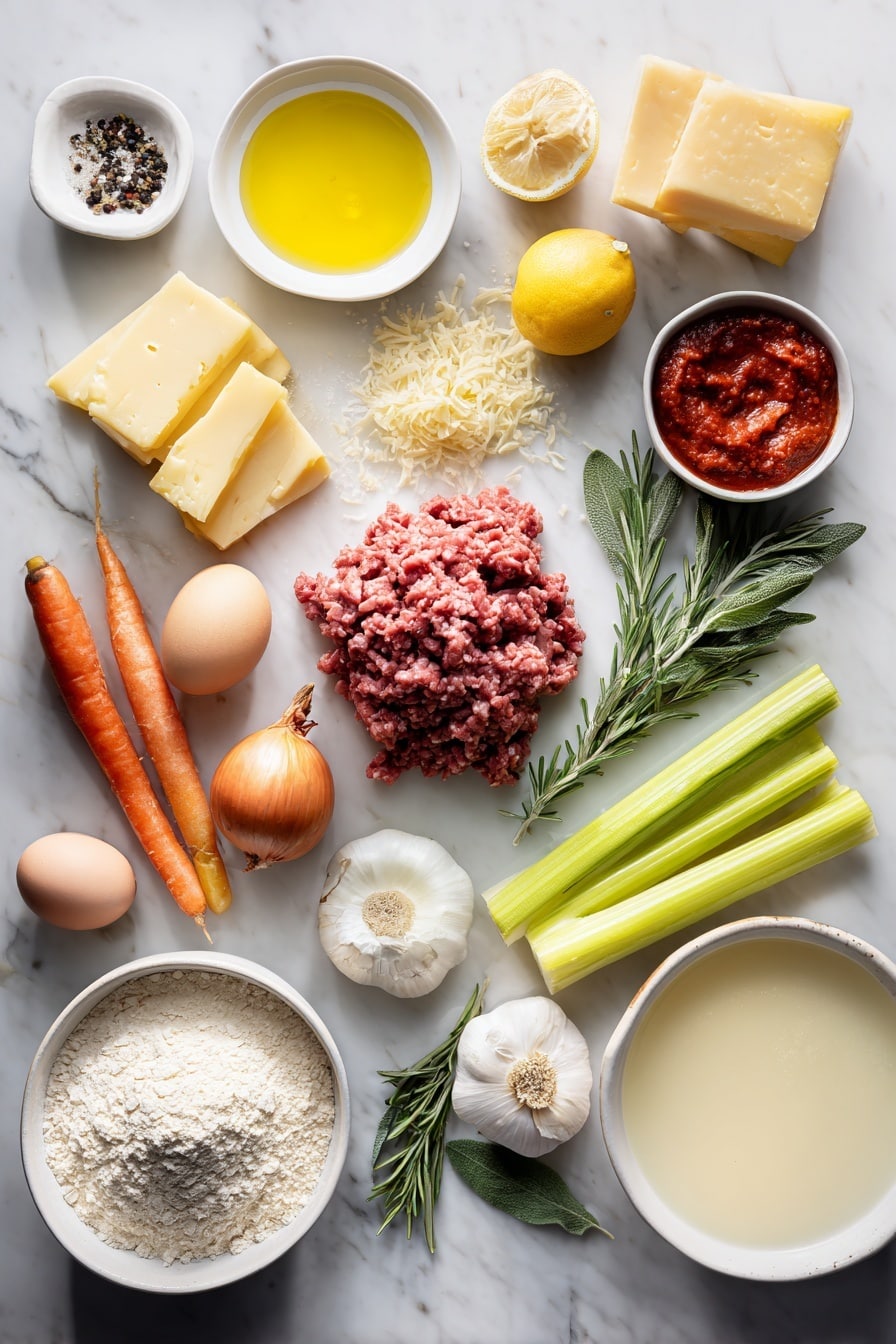 Flat lay of a small white ceramic bowl of golden olive oil, a pile of fresh raw ground beef, a pile of fresh raw ground pork, small irregular chunks of fresh pancetta, two small whole brown onions with papery skins, two fresh orange carrots with green tops trimmed, two crisp green celery stalks, six peeled whole garlic cloves, four big sprigs of fresh rosemary, a few fresh sage leaves, a small white ceramic bowl of thick red tomato paste, a small white ceramic bowl of pale golden white wine, a small white ceramic bowl of light golden chicken stock, a small white ceramic bowl of creamy whole milk, a fresh lemon cut in half with one half showing bright yellow pulp, a mound of fine pale '00' flour, a smaller mound of pale yellow semola flour, three whole brown eggs with clean uncracked shells, a slab of rich yellow butter, a small white ceramic bowl of plain flour, a wedge of parmesan with some finely crumbled pieces beside it, a fresh lemon with bright zest scattered neatly, fresh black peppercorns and sea salt crystals artistically arranged, and a neat stack of fresh wide rectangular pasta sheets made from the '00' flour placed on a clean white marble surface, soft natural light, photo taken with an iPhone, professional food photography style, fresh ingredients, white ceramic bowls, no bottles, no duplicates, no utensils, no packaging --ar 2:3 --v 7 --p m7354615311229779997 - Authentic Lasagne Bolognese, homemade lasagne layers, traditional Italian lasagne, slow-cooked meat sauce, creamy béchamel lasagne