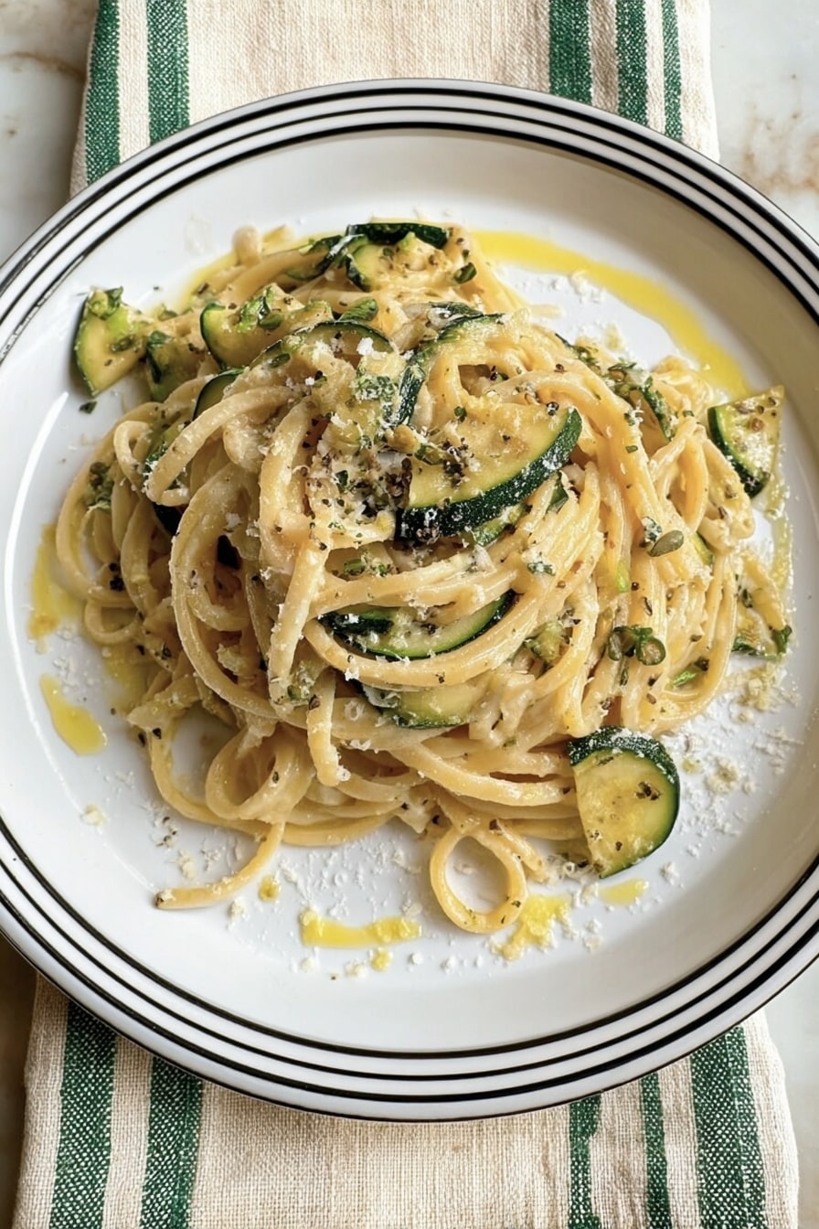 The dish is a plate of pasta with three main layers. The bottom layer is flat and wide white noodles, spread evenly across the white plate with rounded bead-like edges. The middle layer consists of green zucchini ribbons mixed throughout the noodles, adding thin, curved green shapes with white and dark green stripes. The top layer is a creamy sauce covering the noodles and zucchini, light beige in color with a slightly grainy texture, sprinkled with fine, pale grated cheese. There is also a small bunch of fresh bright green basil leaves placed on the top edge of the plate. The plate sits on a white marbled surface. photo taken with an iphone --ar 2:3 --v 7 - Creamy Zucchini Pasta with Basil, zucchini pasta recipe, basil pasta, healthy zucchini pasta, summer pasta dishes