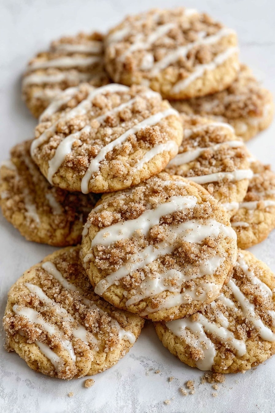 A single round cookie with a light brown base sits on a crinkled white sheet, sprinkled with crumbly, darker brown streusel bits scattered mostly in the center. A thin layer of white icing is drizzled across the cookie in uneven, slightly shiny lines, covering both the streusel and cookie surface. There are small crumbs around the cookie on the sheet, adding texture to the scene. The background is a white marbled texture photo taken with an iphone --ar 2:3 --v 7 - Coffee Cake Cookies with Cinnamon Crumble, cinnamon crumble cookies, coffee cake-inspired cookies, easy cinnamon cookie recipe, breakfast cookies with cinnamon