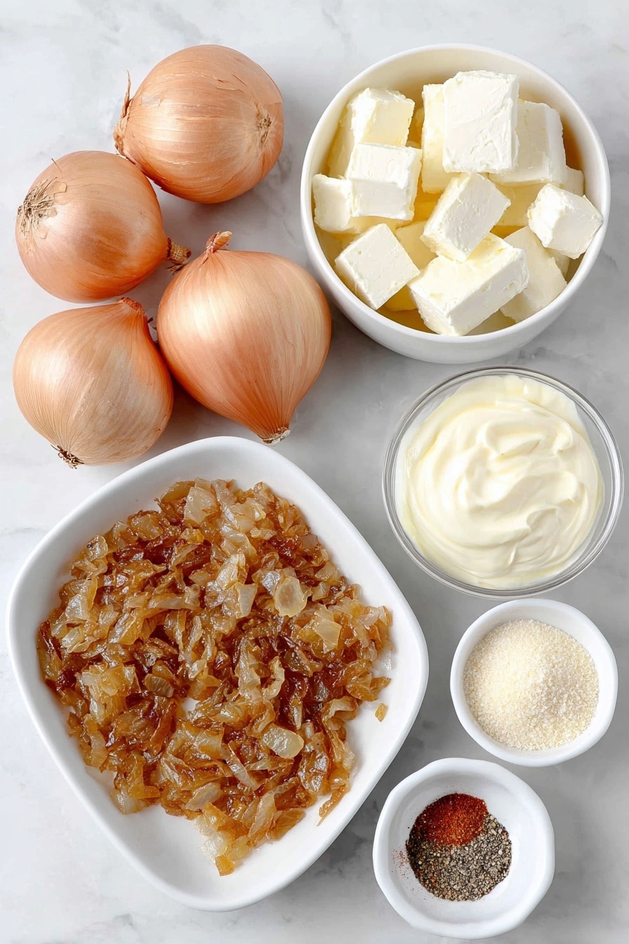 Flat lay of a few small golden-brown caramelized onions diced, three whole brown onions unpeeled, a small white ceramic bowl with cold cream cheese cubes, a small white ceramic bowl with thick sour cream, a small white ceramic bowl with smooth whole egg mayonnaise, a few small cubes of pale yellow butter, a small white ceramic bowl with coarse black pepper, a small white ceramic bowl with salt, a small white ceramic bowl with reddish cayenne pepper powder, a small white ceramic bowl with light beige onion powder, all arranged in perfect symmetry and balanced proportions, placed on a clean white marble surface, soft natural light, photo taken with an iPhone, professional food photography style, fresh ingredients, white ceramic bowls, no bottles, no duplicates, no utensils, no packaging --ar 2:3 --v 7 --p m7354615311229779997 - Homemade French Onion Dip, French Onion Dip recipe, caramelized onion dip, creamy onion dip, party dip recipes