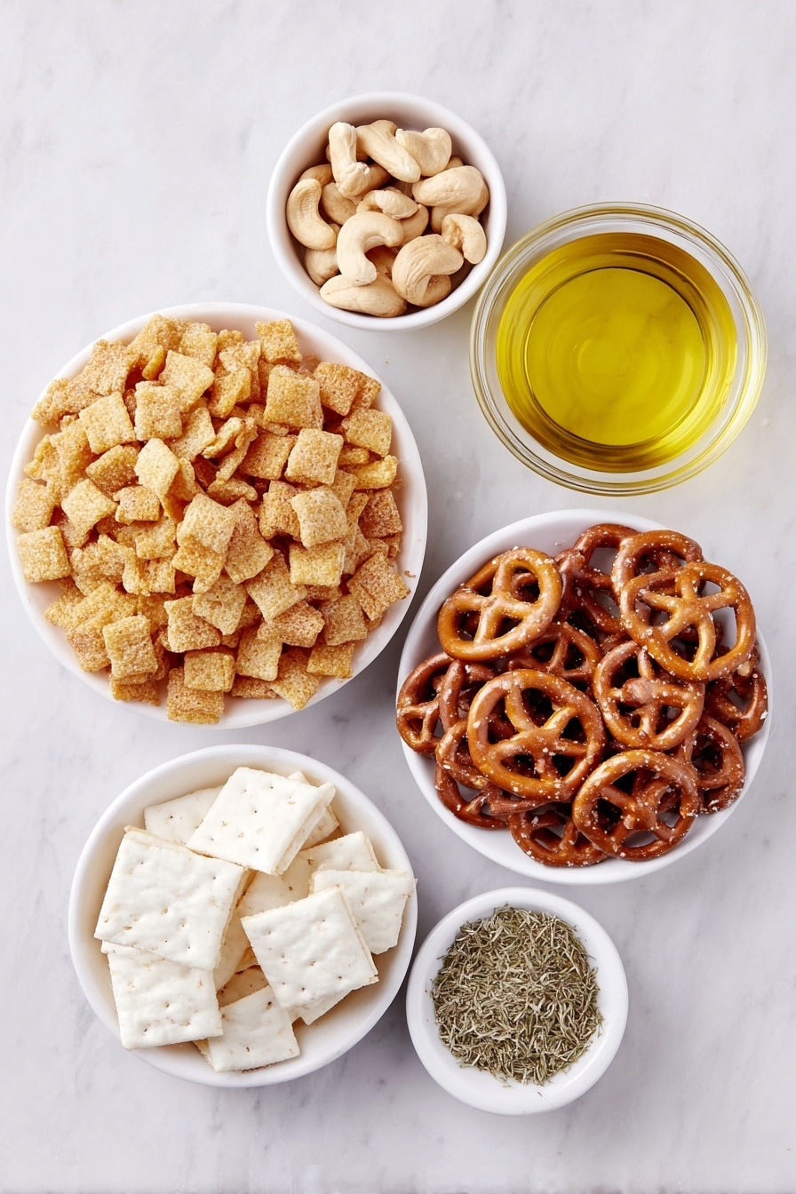 Flat lay of corn squares cereal scattered loosely, wheat squares cereal in a small white ceramic bowl, mini pretzels heaped naturally on a white ceramic plate, rustic pumpernickel chips arranged in a fan on a white ceramic dish, white cheddar cheese crackers casually piled in a small white bowl, a handful of raw cashews in another white ceramic bowl, a small white bowl filled with golden canola oil, a small white bowl containing translucent dill pickle juice, a neat pile of dried dill sprigs, a small heap of pale garlic powder, and a small white bowl holding light beige ranch dressing seasoning powder, all arranged with perfect symmetry and realistic proportions, placed on a clean white marble surface, soft natural light, photo taken with an iPhone, professional food photography style, fresh ingredients, white ceramic bowls, no bottles, no duplicates, no utensils, no packaging --ar 2:3 --v 7 --p m7354615311229779997 - Dill Pickle Snack Mix, dill pickle snack mix recipe, savory snack mix, easy snack recipes, crunchy pickle snack