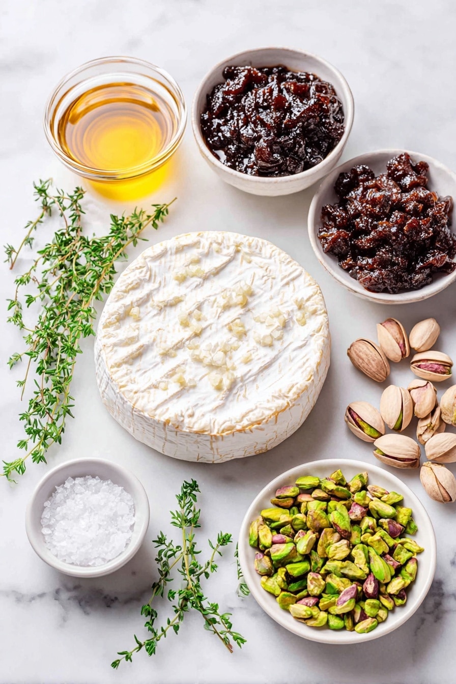 Flat lay of a whole 8-ounce wheel of creamy brie cheese, a small white bowl of rich dark fig jam, a small white bowl of chopped dried figs with natural deep purple and brown tones, a small white bowl of roasted and salted chopped pistachios in shades of green and beige, a few fresh sprigs of bright green thyme leaves scattered delicately, a small white bowl containing clear golden brandy, and a small white bowl with fine pinch of salt crystals, placed on a clean white marble surface, soft natural light, photo taken with an iPhone, professional food photography style, fresh ingredients, white ceramic bowls, no bottles, no duplicates, no utensils, no packaging --ar 2:3 --v 7 --p m7354615311229779997 - Baked Brie with Fig Jam and Pistachios, baked brie appetizer, easy cheese appetizer, fig jam cheese dip, festive appetizer recipes