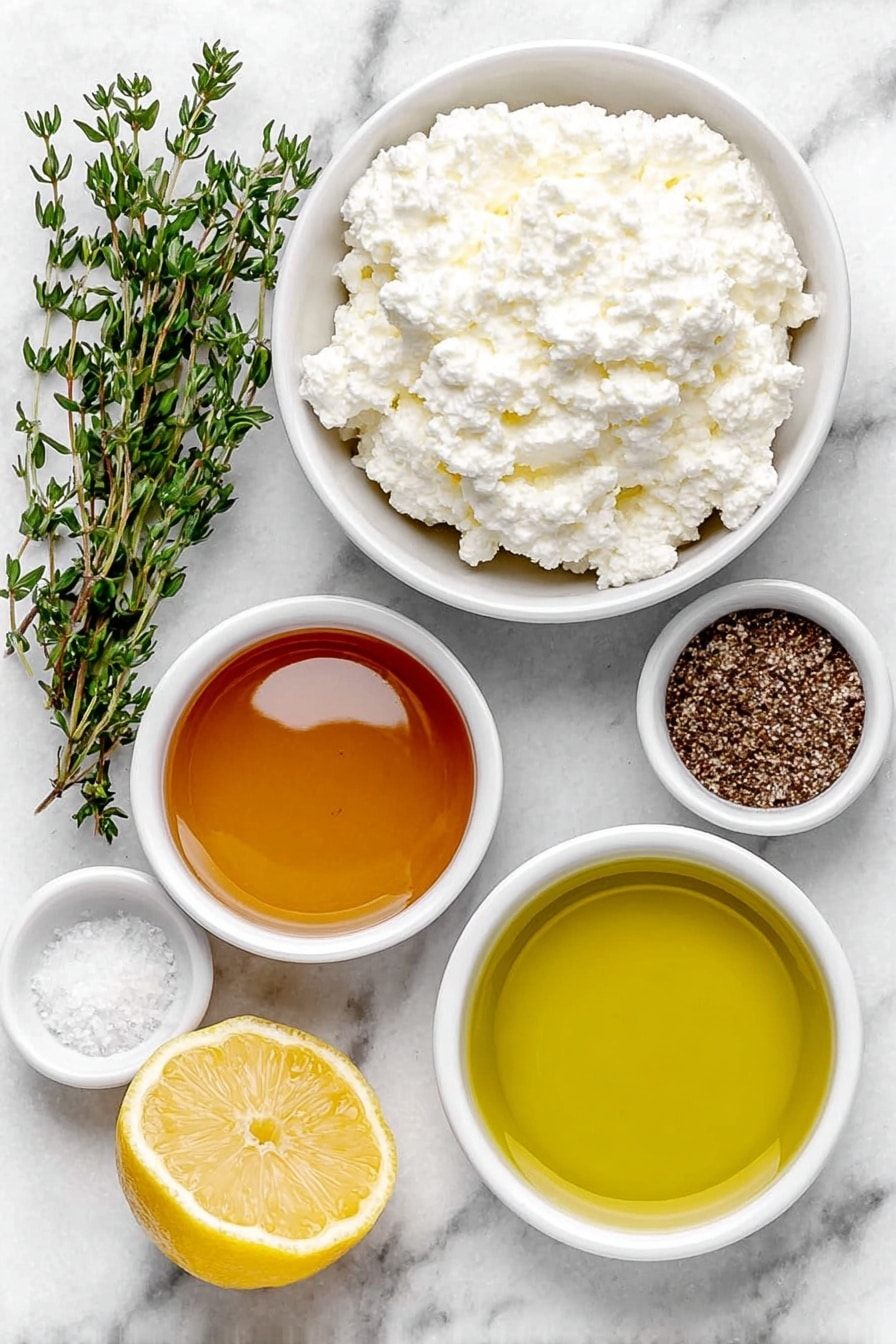 Flat lay of a small white ceramic bowl filled with fresh whole milk ricotta cheese, a small white ceramic bowl of golden honey with a smooth surface, a small white ceramic bowl of extra-virgin olive oil shimmering softly, a few sprigs of fresh green thyme leaves, a small white ceramic bowl containing fine white sea salt, a small white ceramic bowl with freshly cracked black pepper, and a half lemon showing bright yellow zest, all arranged symmetrically and balanced, placed on a clean white marble surface, soft natural light, photo taken with an iPhone, professional food photography style, fresh ingredients, white ceramic bowls, no bottles, no duplicates, no utensils, no packaging --ar 2:3 --v 7 --p m7354615311229779997 - Whipped Ricotta Honey Dip, easy ricotta dip, honey appetizer, creamy cheese dip, quick party snack