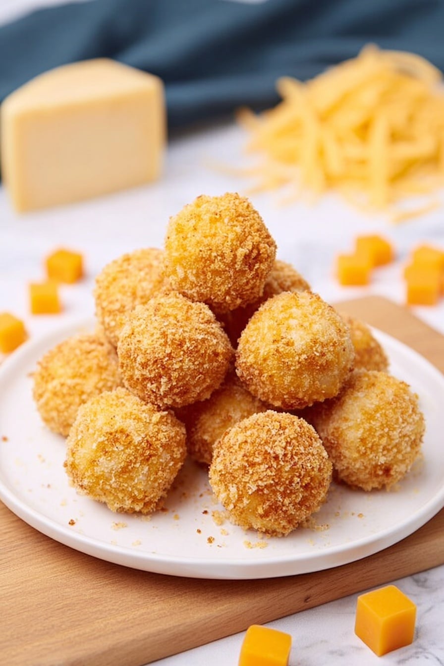 The image shows a white plate with a pile of round, golden-brown balls that look crispy on the outside with a crumbly texture. Each ball is evenly coated with breadcrumbs that create a rough surface. The plate sits on a light wooden board, which rests on a white marbled surface. Scattered around the plate are small cubes of bright orange cheese and some uncooked pasta, with a block of cheese blurred in the background. The overall look is warm and inviting, with a nice contrast between the golden balls and the white plate. photo taken with an iphone --ar 2:3 --v 7 - Baked Mac and Cheese Bites, crispy mac and cheese balls, baked cheese appetizer, easy mac and cheese bites, crispy cheese snacks