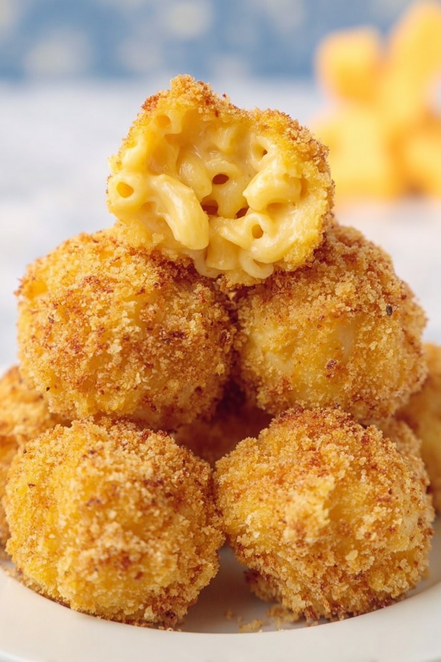 The image shows a pile of six crispy, round macaroni and cheese balls on a white plate, stacked closely together. The balls have a golden-brown, crunchy breadcrumb crust covering them completely. One ball on the top is cut in half, revealing creamy, pale yellow macaroni pasta inside with a smooth, cheesy texture. The background is a blurred white marbled surface with hints of yellow cheese shapes in soft focus. Photo taken with an iphone --ar 2:3 --v 7 - Baked Mac and Cheese Bites, crispy mac and cheese balls, baked cheese appetizer, easy mac and cheese bites, crispy cheese snacks