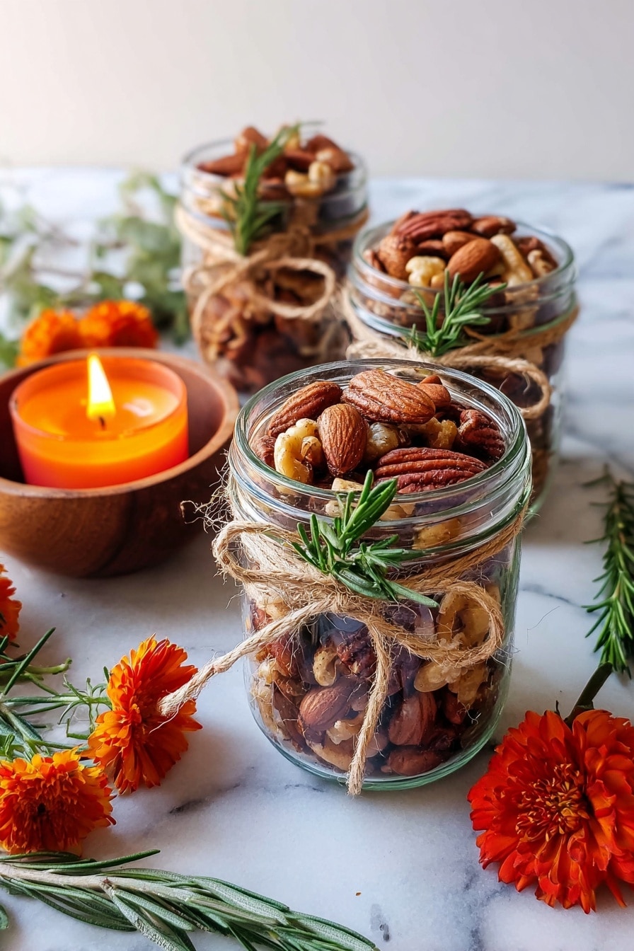 The image shows three clear glass jars filled with mixed nuts, including almonds, pecans, and walnuts. Each jar is tied with a rustic brown twine bow around the middle, along with a small sprig of fresh green rosemary tucked under the twine. The jars are placed on a white marbled surface, with one jar in the front and two slightly blurred in the background. To the left, there is a small wooden bowl holding a lit candle with an orange flame, casting a warm glow. A few green rosemary sprigs and bright orange-red flowers are scattered around the jars on the surface. The background also has a white marbled texture photo taken with an iphone --ar 2:3 --v 7 - Sweet and Salty Rosemary Roasted Nuts, flavorful nut snacks, easy roasted nuts recipe, healthy snack ideas, aromatic nut recipes