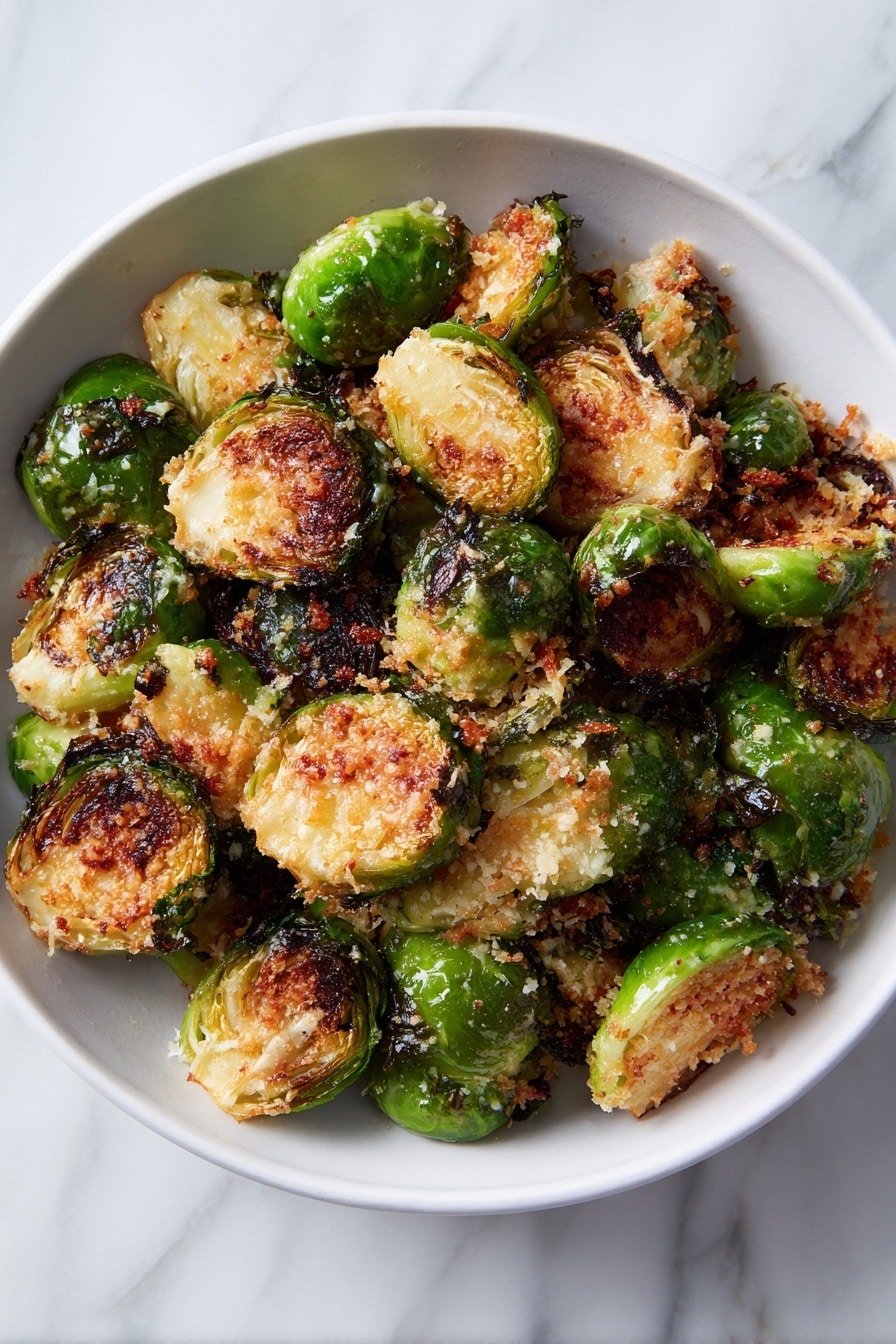 A white oval plate holds one layer of roasted Brussels sprouts mixed with crispy, golden brown cheese crisps. The Brussels sprouts are bright green with some charred grill marks and the cheese crisps have an irregular round shape with a crunchy texture. Next to the plate is a white baking tray with a blue rim, showing more cheese crisps stuck to its surface and a metal spatula resting on it. The background is a white marbled surface with some stray crumbs scattered around, and a folded pink cloth is partly visible at the edge of the scene. Photo taken with an iphone --ar 2:3 --v 7 - Crispy Parmesan Brussels Sprouts, Brussels Sprouts with Parmesan, Easy Brussels Sprouts Recipe, Baked Brussels Sprouts, Healthy Vegetable Side Dish