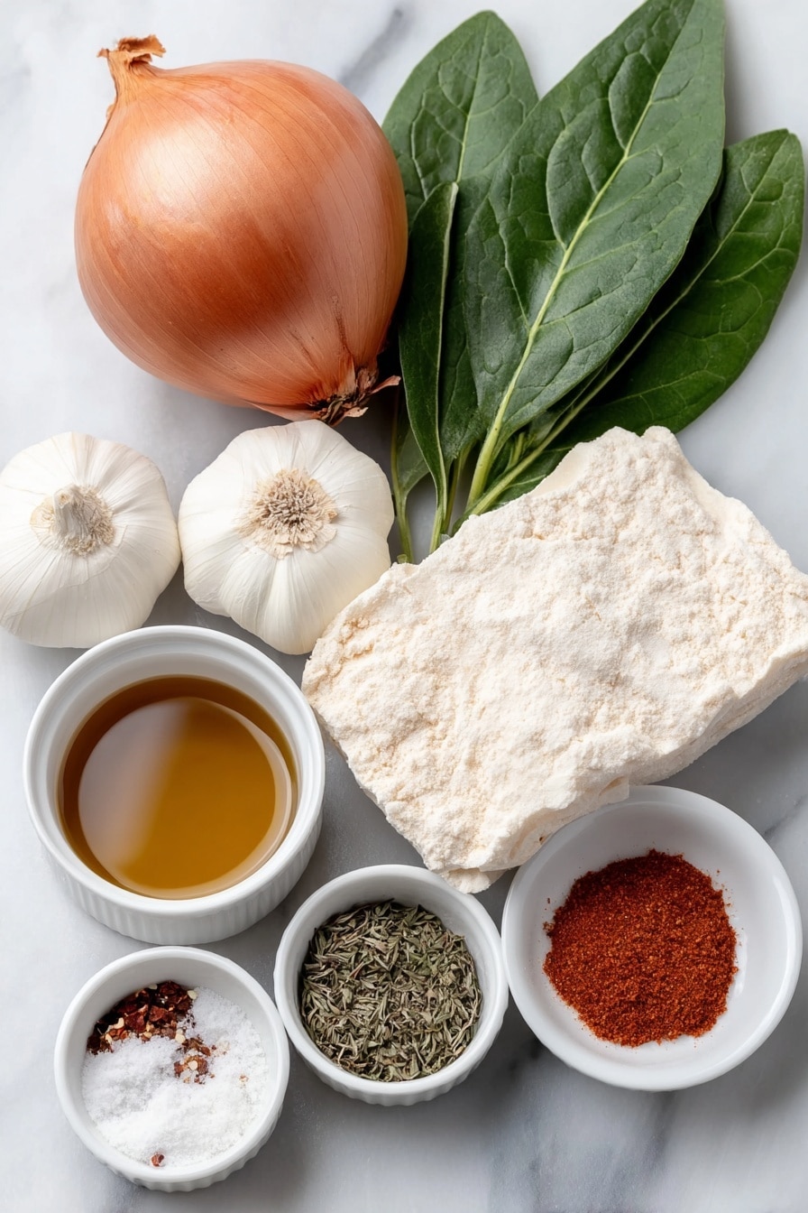 Flat lay of a whole medium golden brown onion, a few fresh dark green spinach leaves loosely piled, three uncracked garlic cloves with smooth white skins, a small mound of golden nutritional yeast flakes, a small white ceramic bowl of clear golden olive oil, a small white ceramic bowl of amber maple syrup, a small white ceramic bowl of dried red chili flakes, a small white ceramic bowl with finely ground black pepper, a small white ceramic bowl with dried thyme leaves, a small white ceramic bowl of fine white salt, a small white ceramic bowl containing pale beige ground nutmeg powder, and a neatly folded pale beige sheet of puff pastry, all arranged with perfect symmetry on a clean white marble surface, soft natural light, photo taken with an iPhone, professional food photography style, fresh ingredients, white ceramic bowls, no bottles, no duplicates, no utensils, no packaging --ar 2:3 --v 7 --p m7354615311229779997 - Vegan Spinach and Caramelized Onion Puff Pastry, vegan savory puff pastry, spinach and onion tart, dairy-free puff pastry recipe, easy vegan appetizer
