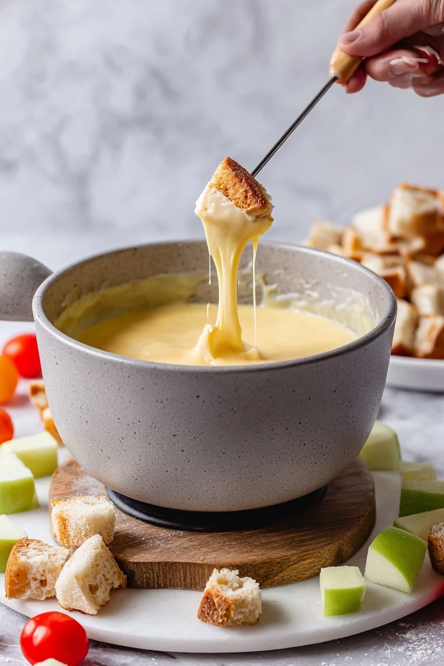 A pot of smooth, creamy yellow cheese fondue sits in the center on a round wooden board placed over a white marble surface. The fondue pot has light gray edges and a handle wrapped with a beige cloth. Around it, chunks of golden toasted bread rest on a white plate, with a few pieces scattered on the marble surface next to wooden skewers. On the lower right, bright green apple pieces and shiny red grape tomatoes are spread on a white plate, adding fresh colors to the setup. Photo taken with an iphone --ar 2:3 --v 7 - Cheese Fondue, Cheese Fondue with Dippers, Cheese Fondue Recipe, cheese fondue ideas, parties with cheese fondue