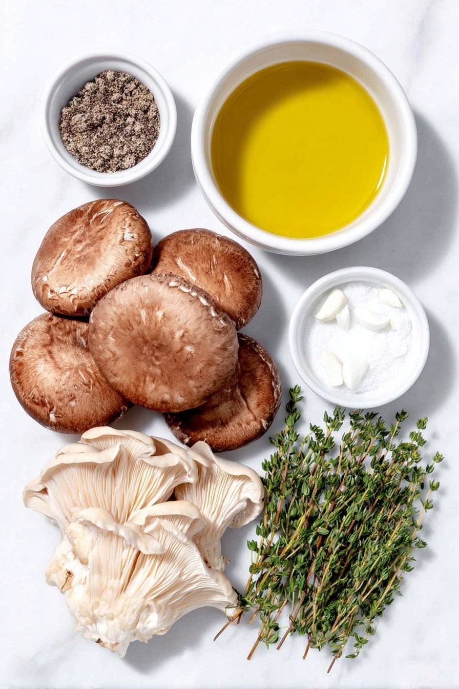 Flat lay of fresh whole chestnut mushrooms with smooth brown caps, fresh whole shiitake mushrooms showing their umbrella-shaped tan tops, fresh whole oyster mushrooms with gentle ruffled edges, a small white bowl filled with golden olive oil, a small white bowl with coarse black peppercorns, a small white bowl of fine white salt, three whole uncracked garlic cloves with papery skins, and five vibrant green sprigs of fresh thyme all arranged symmetrically in a balanced layout, placed on a clean white marble surface, soft natural light, photo taken with an iPhone, professional food photography style, fresh ingredients, white ceramic bowls, no bottles, no duplicates, no utensils, no packaging --ar 2:3 --v 7 --p m7354615311229779997 - Crispy Garlic Thyme Roasted Mushrooms, roasted mushroom recipe, garlic thyme mushrooms, crispy mushroom side dish, easy mushroom recipes