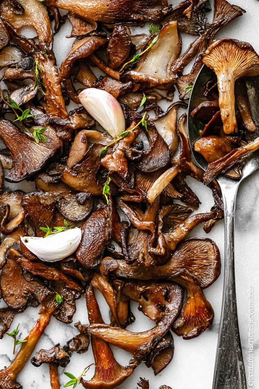 The image shows a flat layer of cooked mixed mushrooms spread out on a gray metal baking sheet, placed over a surface with a white marbled texture. The mushrooms vary in size and shape, with some sliced and others whole or halved, in shades of brown with a glossy, slightly oily look. Scattered among the mushrooms are thin slices of white garlic and small sprigs of green thyme, adding contrast and detail to the earthy tones. The mushrooms have a slightly crisp, browned texture on the edges, showing they were roasted or sautéed evenly. photo taken with an iphone --ar 2:3 --v 7 - Crispy Garlic Thyme Roasted Mushrooms, roasted mushroom recipe, garlic thyme mushrooms, crispy mushroom side dish, easy mushroom recipes