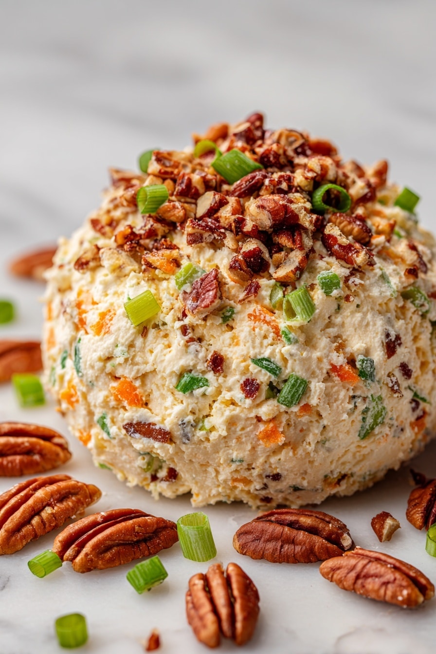 A close-up image shows a small round golden cracker being held between the thumb and fingers of a person's hand. On top of the cracker, there is a thick layer of creamy white cheese mixed with small pieces of green celery, orange carrot, and bits of nuts, giving the cheese a textured, chunky look. In the blurred background, more of the same cheese mixture is visible on a larger round block, along with several more golden crackers. The entire scene is set on a white marbled surface. photo taken with an iphone --ar 2:3 --v 7 - Cheese Ball with Pecans, Cheese Ball, Easy Party Appetizer, Pecan Cheese Ball, Crowd-Pleasing Cheese Dip